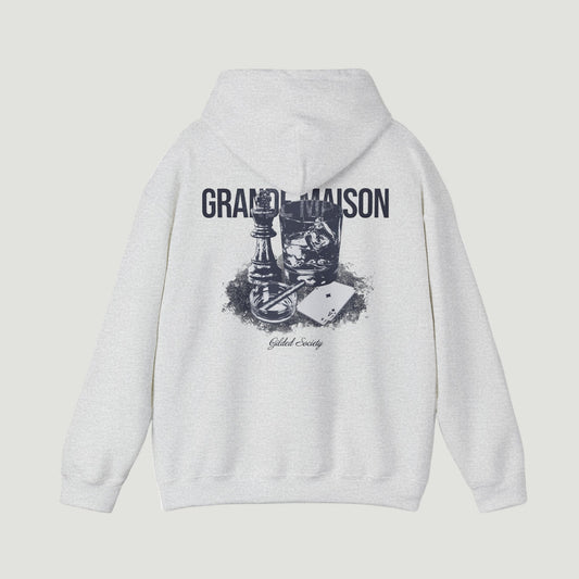 Back view of sport grey ash Grande Maison Hoodie by Vandox with chess piece, whiskey glass, and playing card graphic under “Grande Maison” text. Starboy old money hoodie sweatshirt clothes vandox sacrevandox vandox clothes vandox clothing