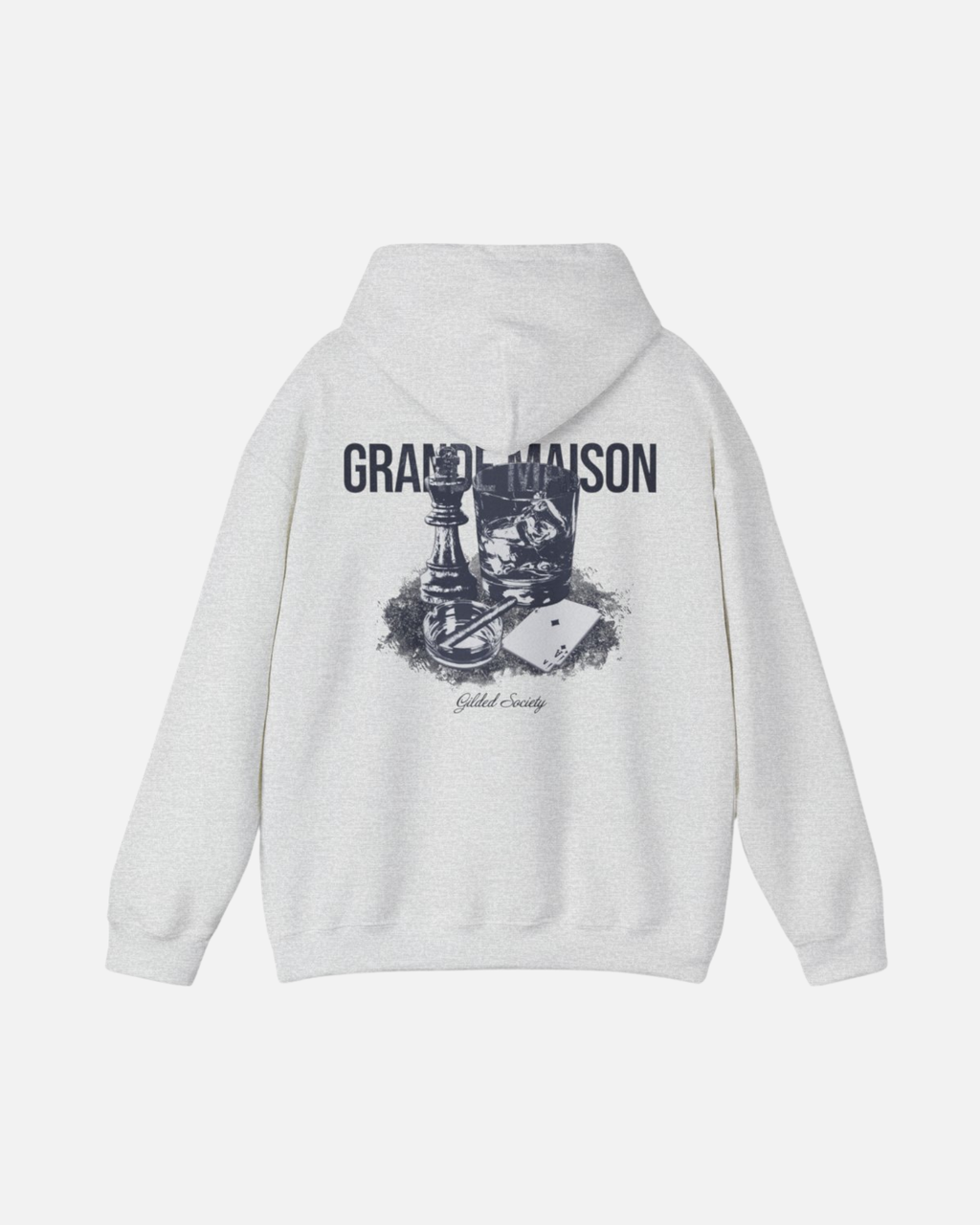 Back view of sport grey ash Grande Maison Hoodie by Vandox with chess piece, whiskey glass, and playing card graphic under “Grande Maison” text. Starboy old money hoodie sweatshirt clothes vandox sacrevandox vandox clothes vandox clothing