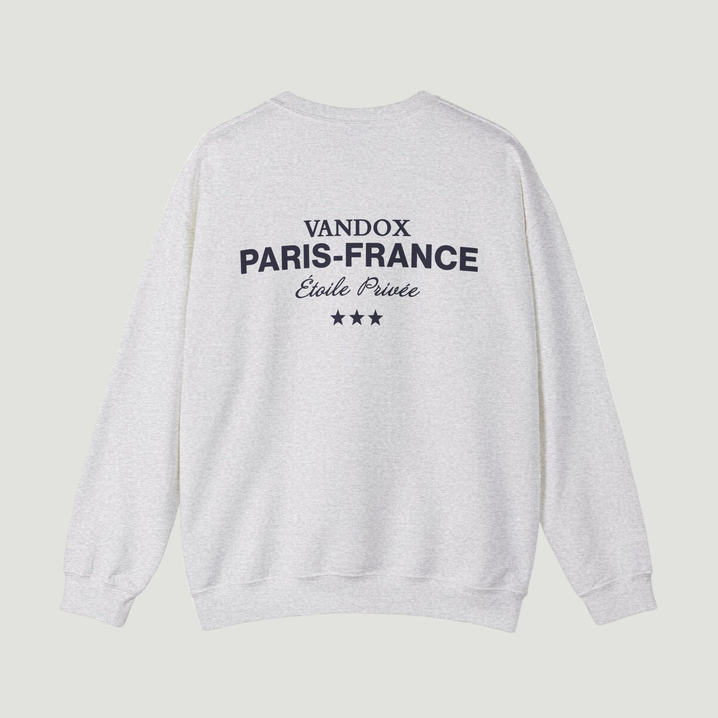 Back view of Vandox sport grey ash Paris Heritage Crewneck with “Vandox Paris–France Étoile Privée” text and star detail. Starboy old money hoodie sweatshirt clothes vandox sacrevandox vandox clothes vandox clothing