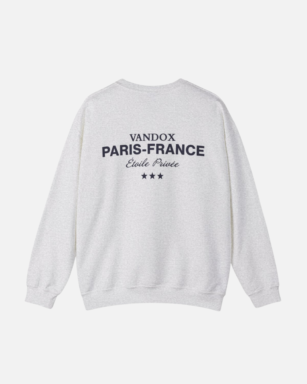 Back view of Vandox sport grey ash Paris Heritage Crewneck with “Vandox Paris–France Étoile Privée” text and star detail. Starboy old money hoodie sweatshirt clothes vandox sacrevandox vandox clothes vandox clothing