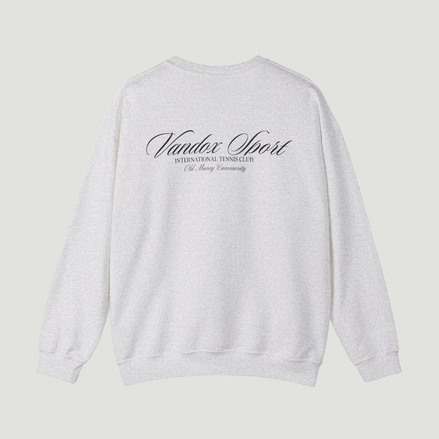 Back view of sport grey ash Vandox Sport Crewneck by Vandox with “International Tennis Club” script detailing. Starboy old money hoodie sweatshirt clothes vandox sacrevandox vandox clothes vandox clothing