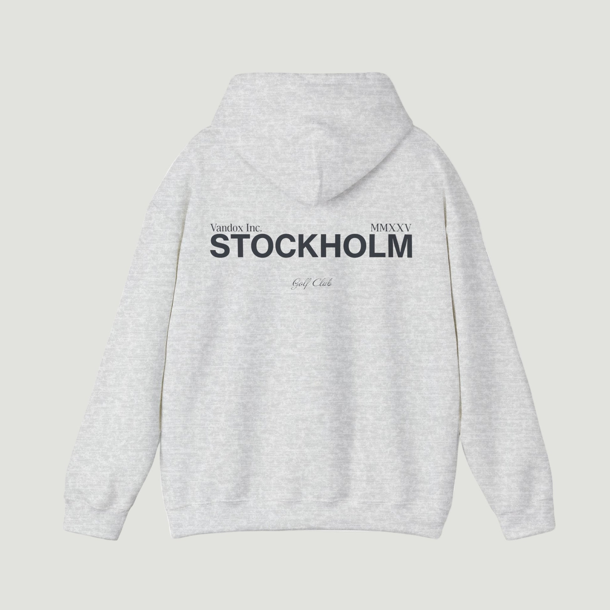 Back view of the Sport Grey Ash Vandox Stockholm Hoodie featuring minimal “Vandox Inc.” and bold “STOCKHOLM” lettering with Golf Club detail. Starboy old money hoodie sweatshirt clothes vandox sacrevandox vandox clothes vandox clothing