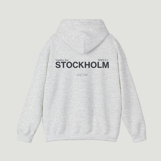 Back view of the Sport Grey Ash Vandox Stockholm Hoodie featuring minimal “Vandox Inc.” and bold “STOCKHOLM” lettering with Golf Club detail. Starboy old money hoodie sweatshirt clothes vandox sacrevandox vandox clothes vandox clothing