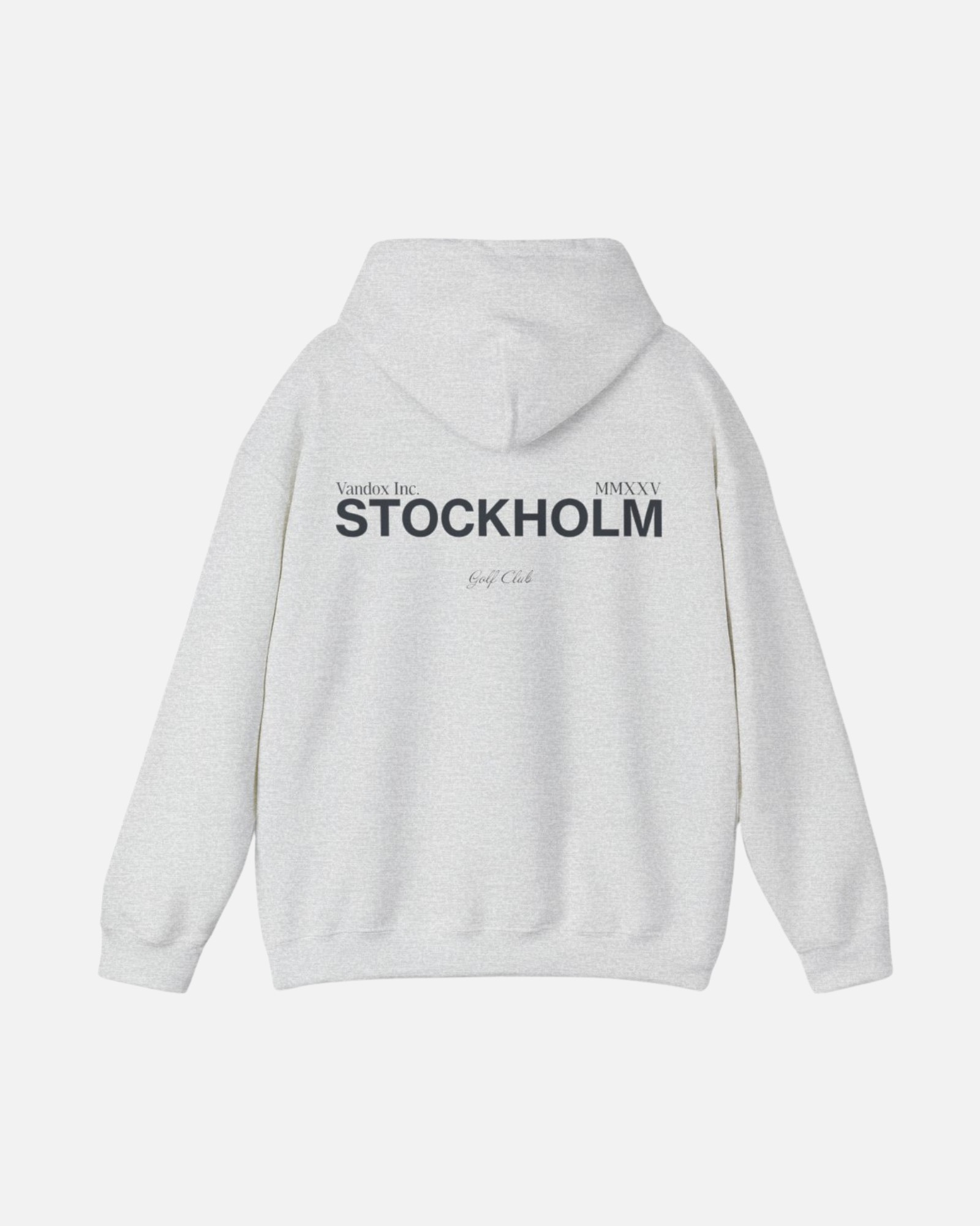 Back view of the Sport Grey Ash Vandox Stockholm Hoodie featuring minimal “Vandox Inc.” and bold “STOCKHOLM” lettering with Golf Club detail. Starboy old money hoodie sweatshirt clothes vandox sacrevandox vandox clothes vandox clothing