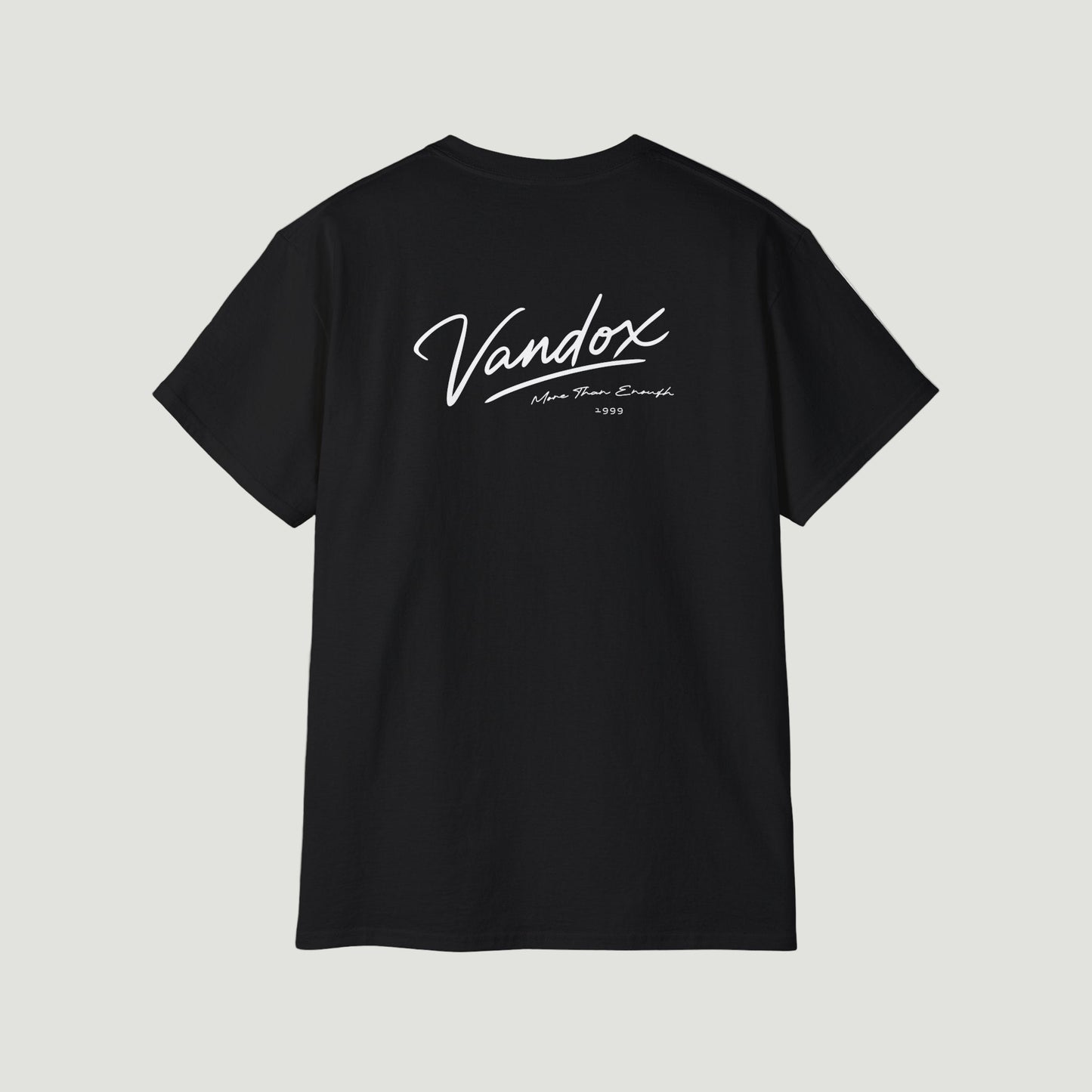 Back view of the Deep Black Vandox 1999 Classic T-Shirt featuring signature script and “More Than Enough” detail in dark print.   Starboy old money shirt tshirt clothes vandox sacrevandox vandox clothes vandox clothing
