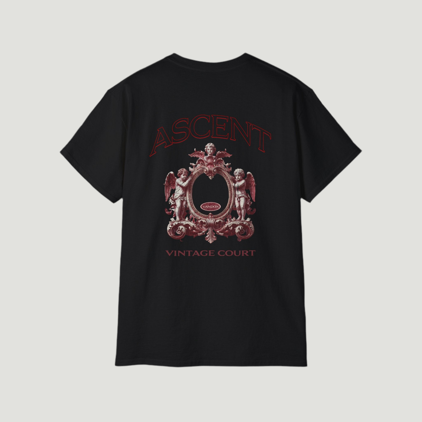 Back view of the deep black Vandox Grand Court T-Shirt featuring ornate cherub crest design with “Ascent” and “Vintage Court” text. Starboy old money shirt tshirt clothes vandox sacrevandox vandox clothes vandox clothing