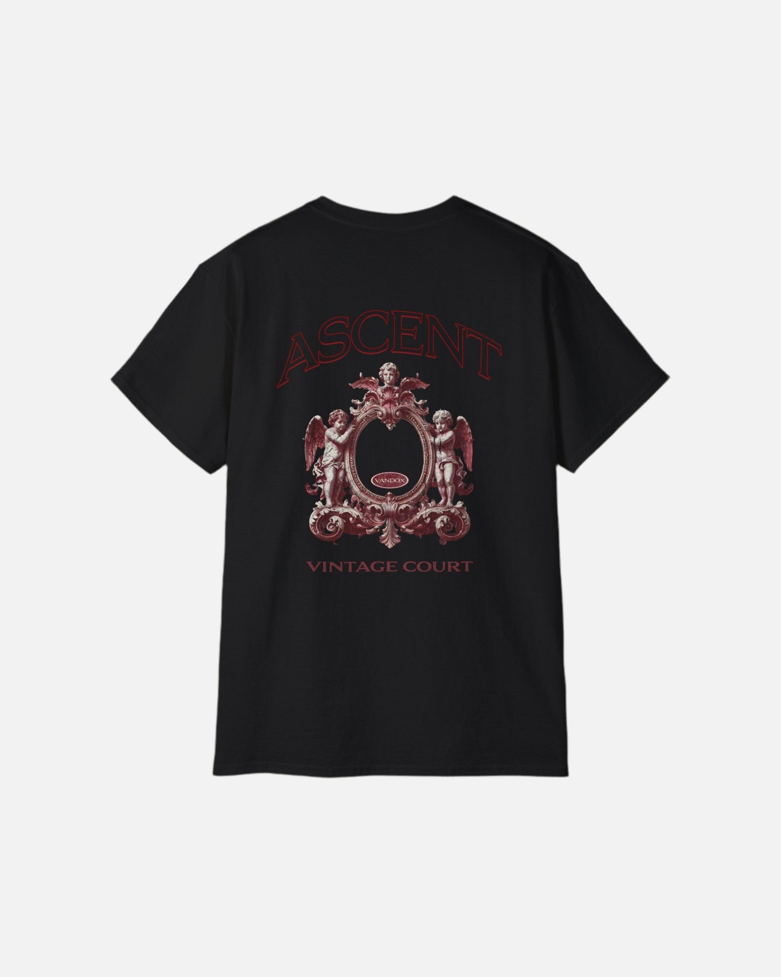 Back view of the deep black Vandox Grand Court T-Shirt featuring ornate cherub crest design with “Ascent” and “Vintage Court” text. Starboy old money shirt tshirt clothes vandox sacrevandox vandox clothes vandox clothing
