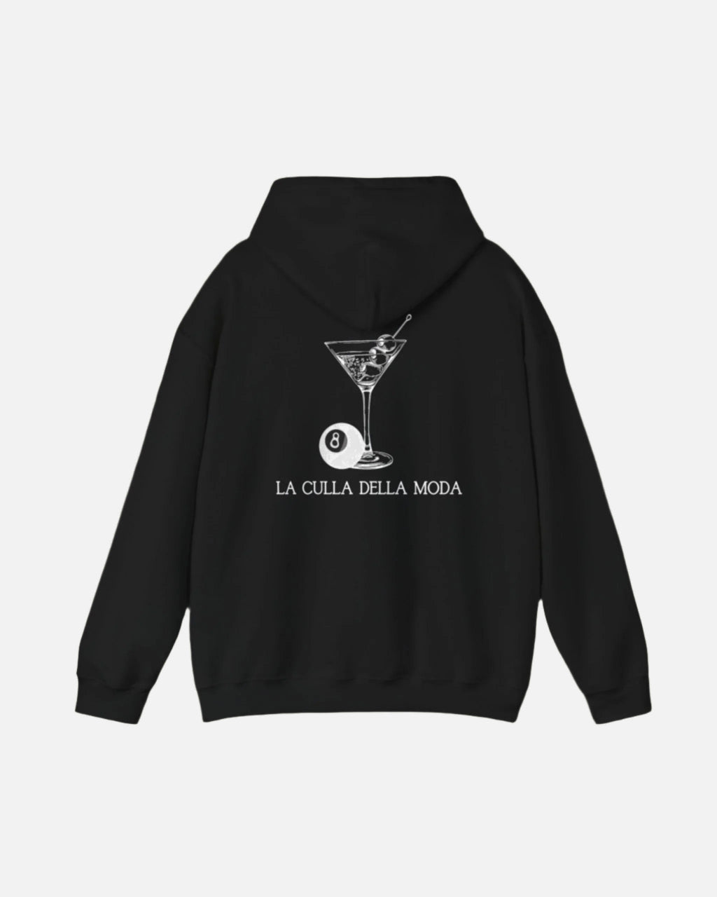 Black Vandox Hoodie with a martini glass, 8-ball, and the phrase "La Culla Della Moda" on the back. Starboy old money hoodie sweatshirt clothes vandox sacrevandox vandox clothes vandox clothing