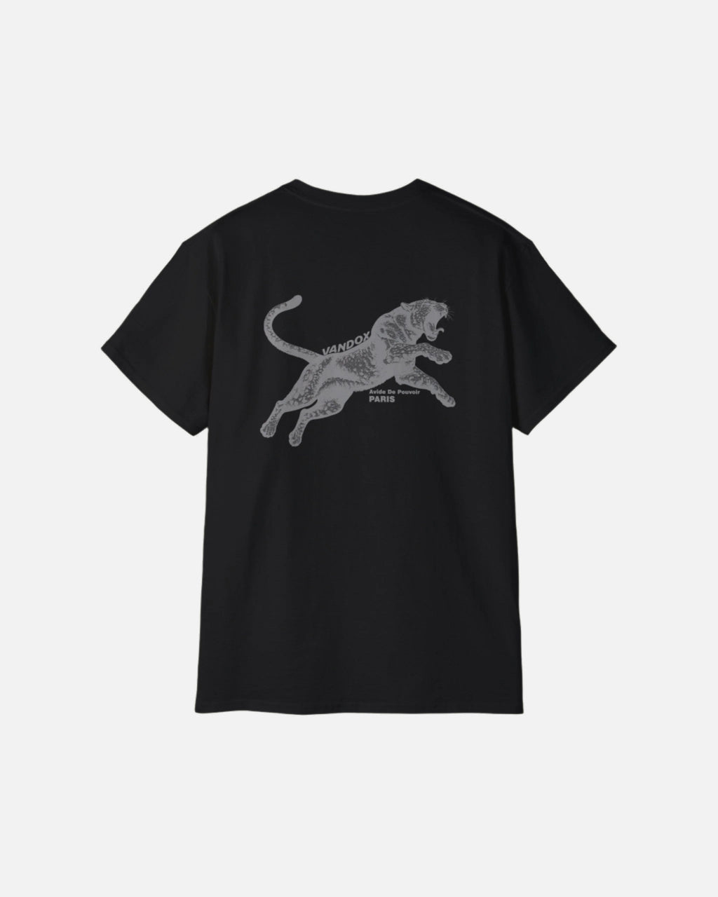 Back view of Deep Black Vandox Noir Pounce T-Shirt with leaping black panther graphic and “Arène de Pouvoir – Paris” inscription. Starboy old money shirt tshirt clothes vandox sacrevandox vandox clothes vandox clothing