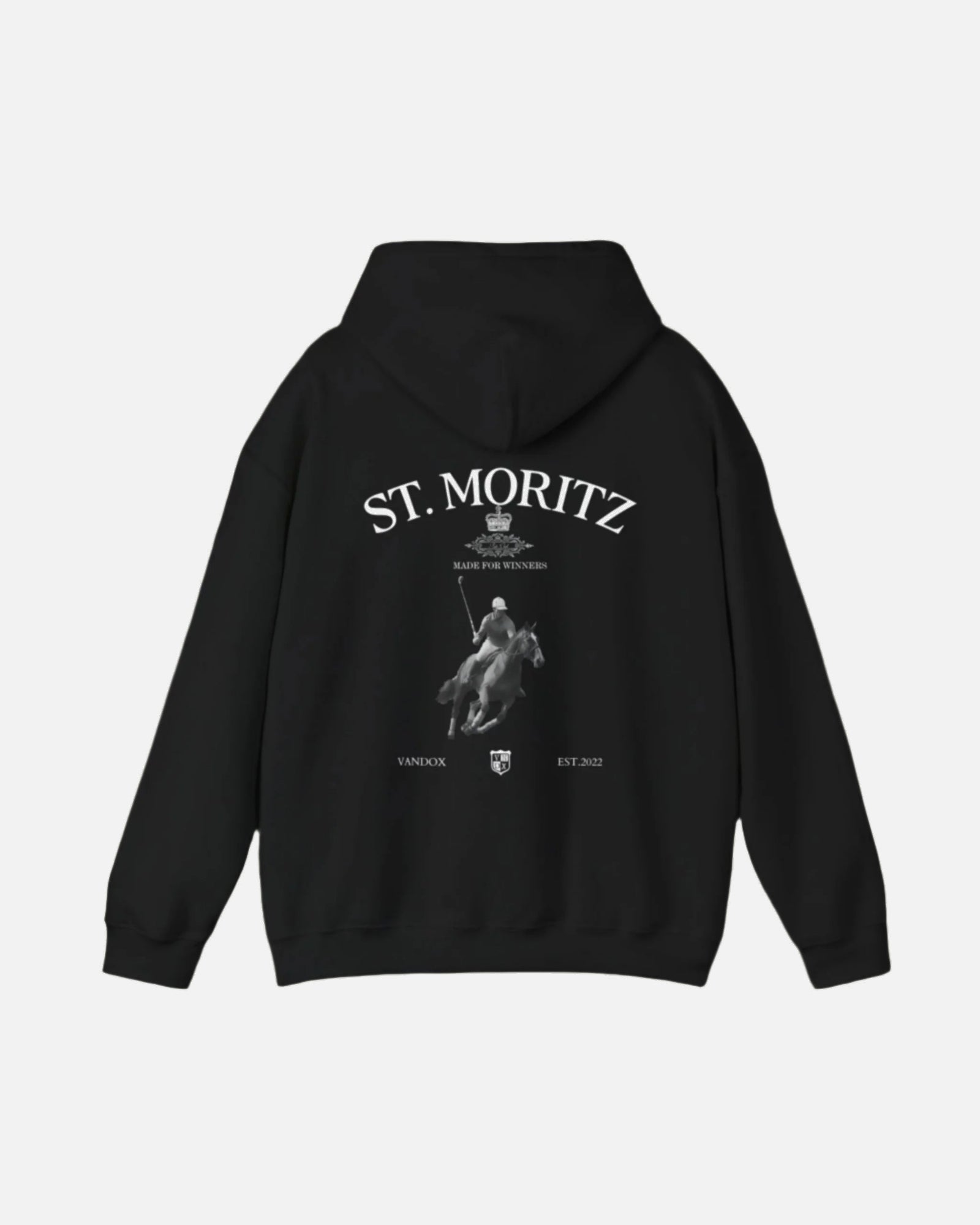 Black Vandox Polo Club Hoodie featuring an elite polo player and luxury branding, inspired by old winter money tradition. Starboy old money hoodie sweatshirt clothes vandox sacrevandox vandox clothes vandox clothing