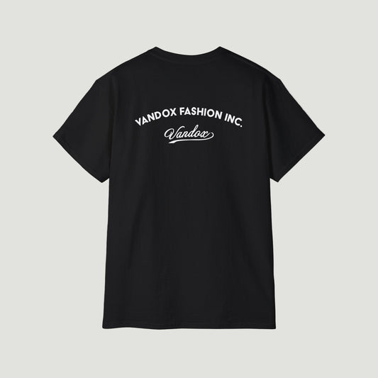Back view of Deep Black Vandox Studio 99 T-Shirt featuring bold “Vandox Fashion Inc.” logo and signature script detail. Starboy old money shirt tshirt clothes vandox sacrevandox vandox clothes vandox clothing