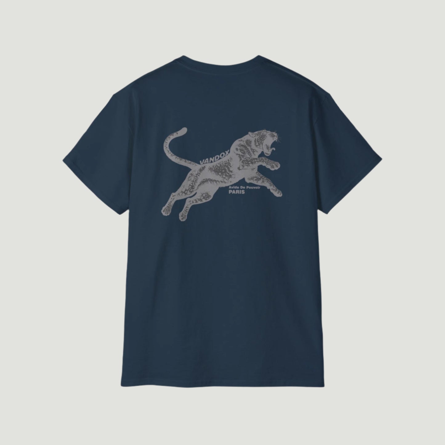 Back view of Dark Navy Blue Vandox Noir Pounce T-Shirt with leaping black panther graphic and “Arène de Pouvoir – Paris” inscription. Starboy old money shirt tshirt clothes vandox sacrevandox vandox clothes vandox clothing