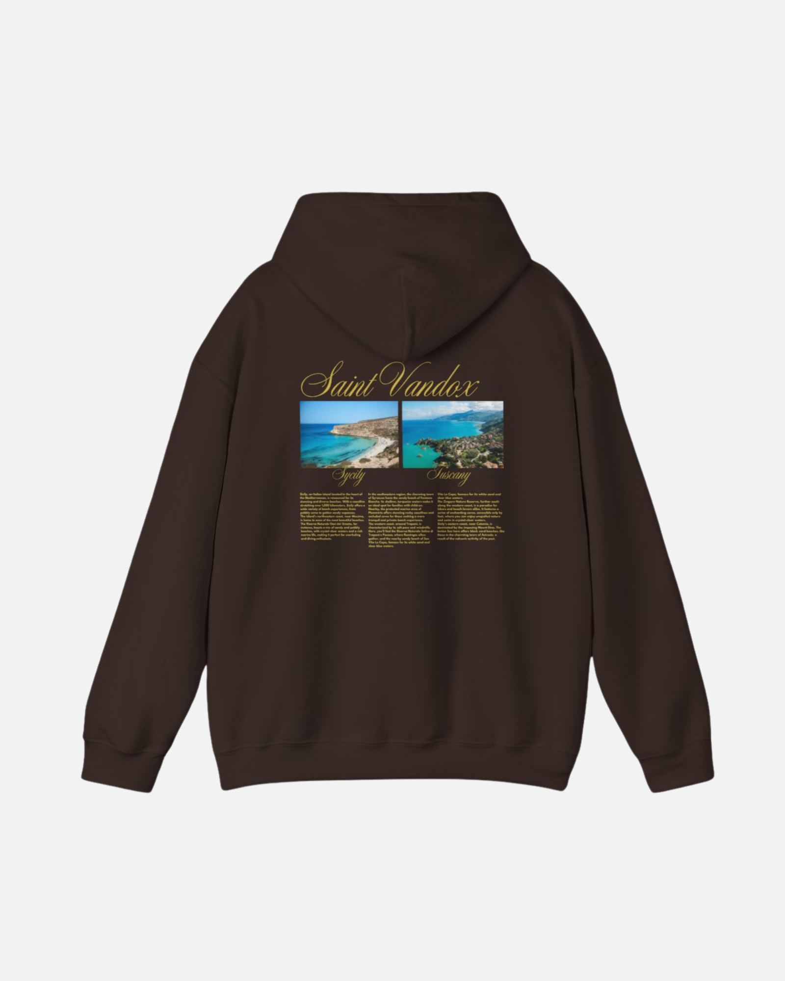 Dark Chocolate Brown hoodie featuring "Saint Vandox" in gold script, with images of Sardinia and Tuscany beaches and detailed descriptions on the back, offering a luxurious, travel-inspired design. Starboy old money hoodie sweatshirt clothes vandox sacrevandox vandox clothes vandox clothing