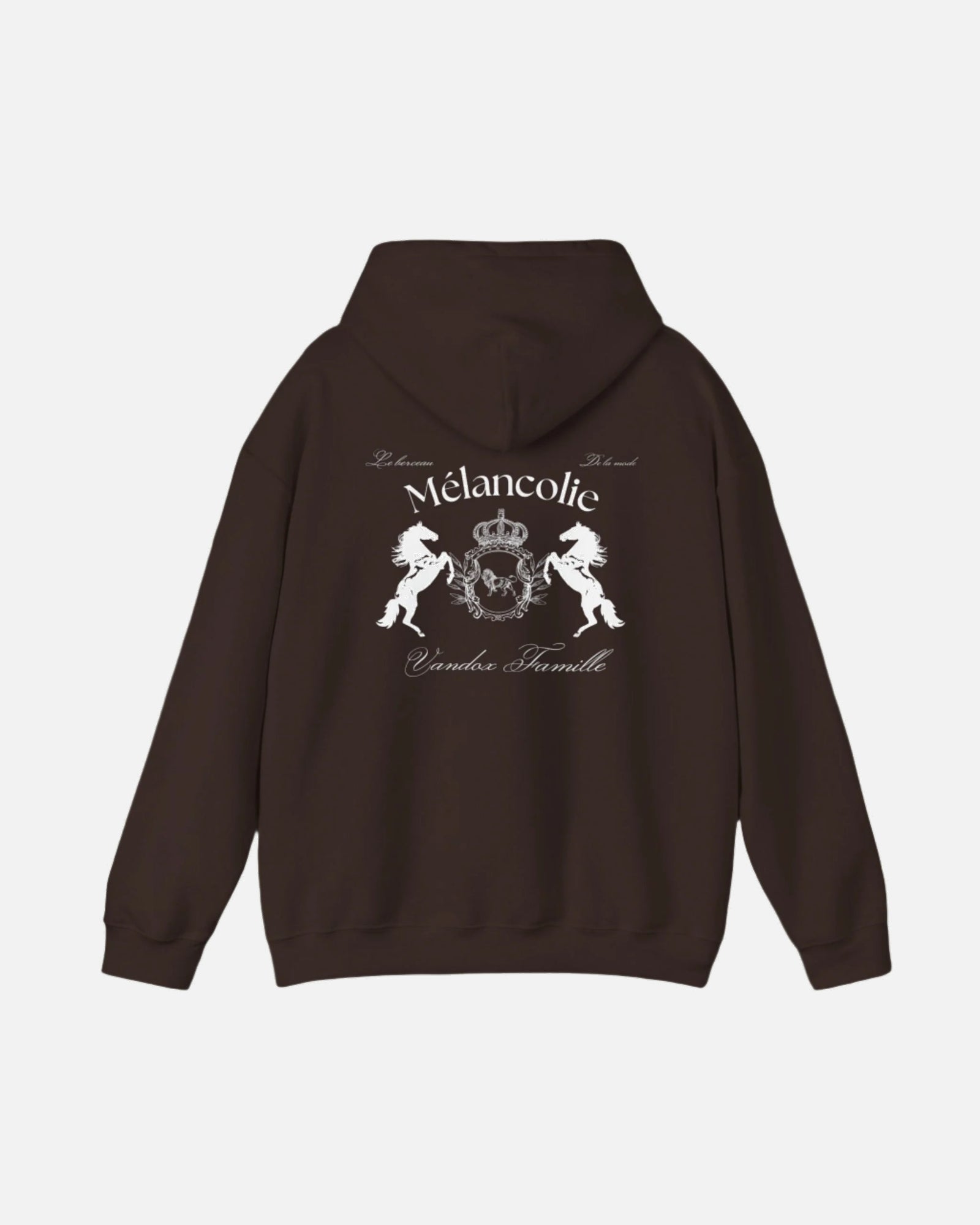 Dark Chocolate Brown Vandox Hoodie with regal crest, two horses, and "Mélancolie" and "Vandaux Famille" text on the back. Starboy old money hoodie sweatshirt clothes vandox sacrevandox vandox clothes vandox clothing