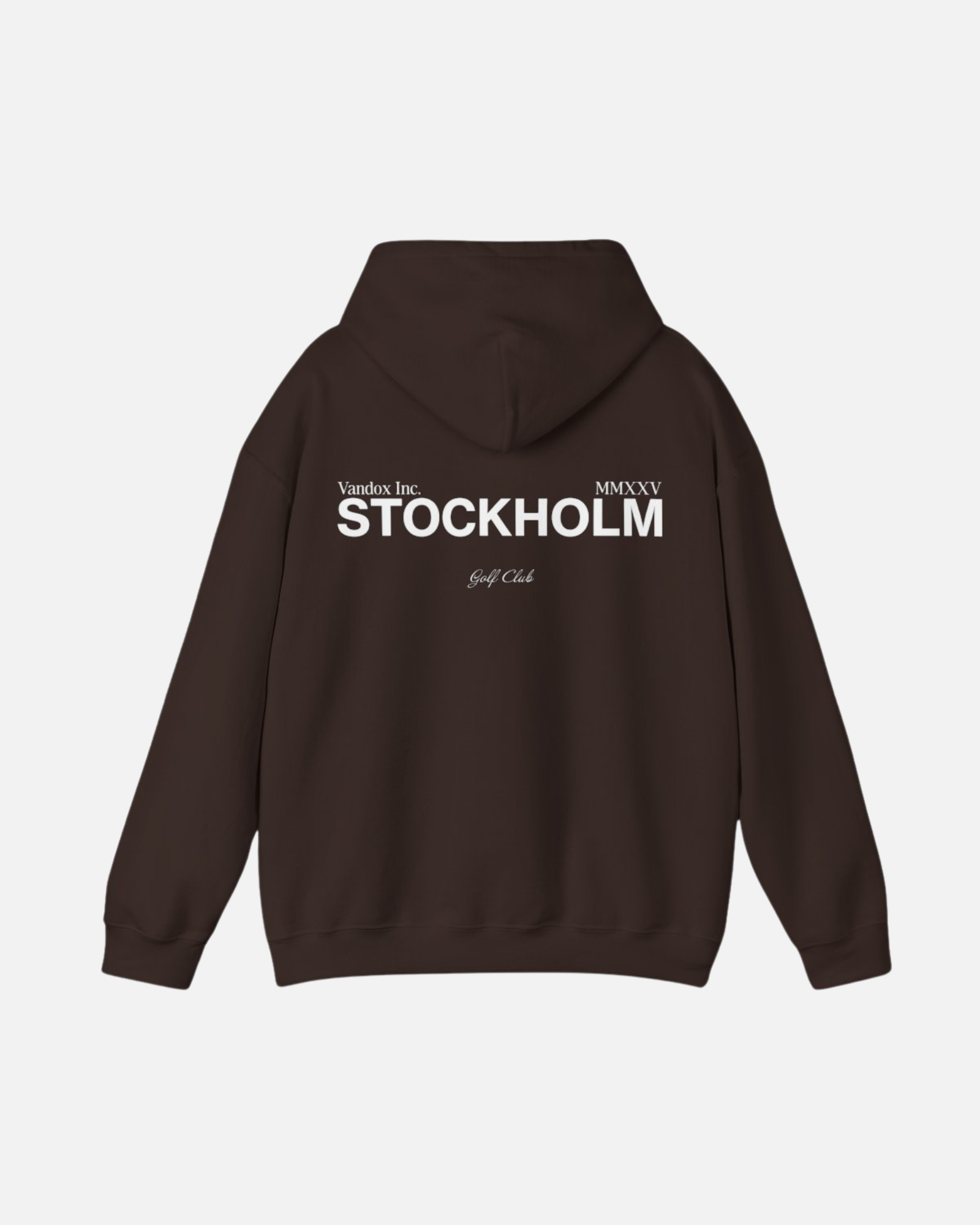 Back view of the Dark Chocolate Brown Vandox Stockholm Hoodie featuring minimal “Vandox Inc.” and bold “STOCKHOLM” lettering with Golf Club detail. Starboy old money hoodie sweatshirt clothes vandox sacrevandox vandox clothes vandox clothing