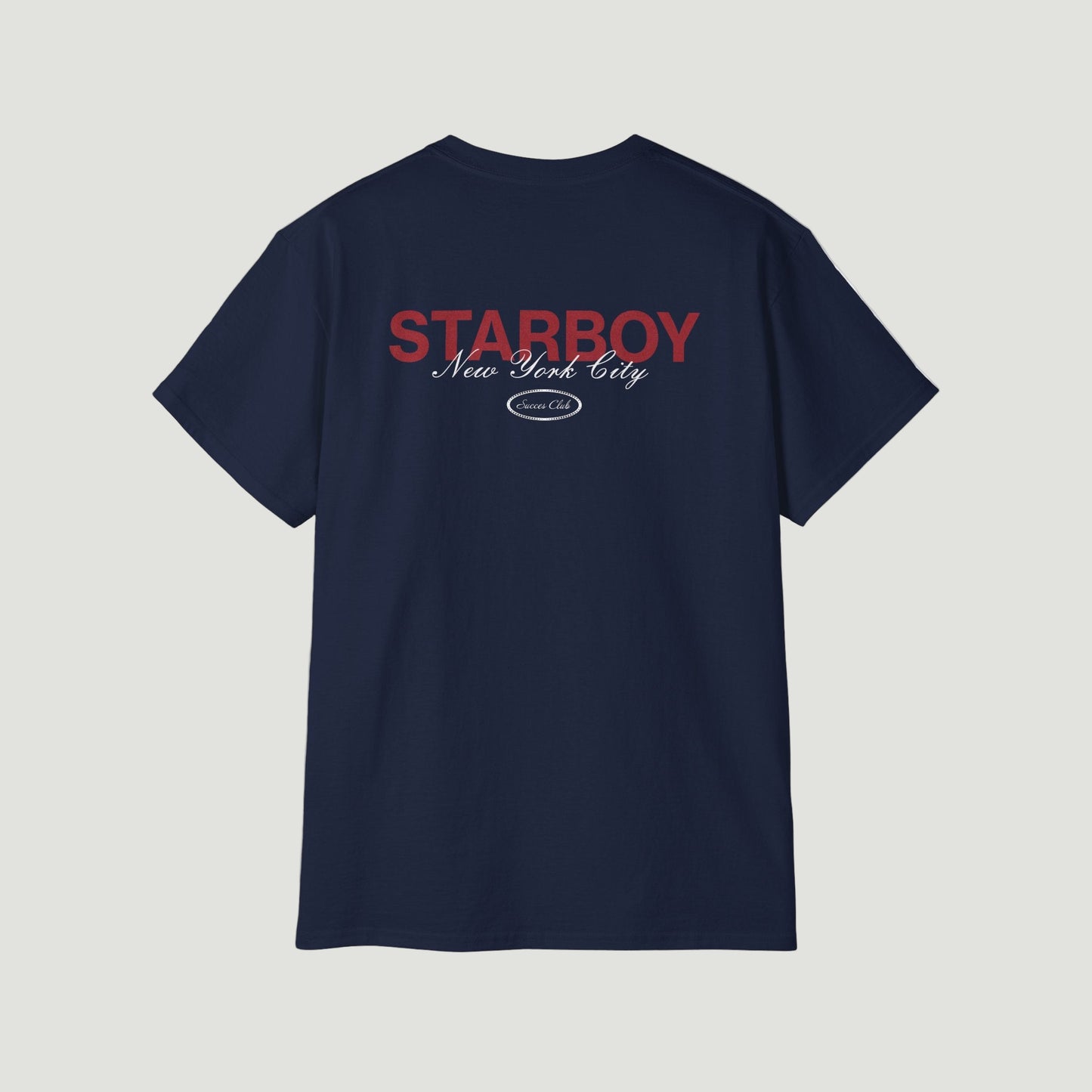 Back view of Dark Navy Blue NYC Starboy Classic T-Shirt with bold red "STARBOY New York City" and "Success Club" detailing. Starboy old money shirt tshirt clothes vandox sacrevandox vandox clothes vandox clothing