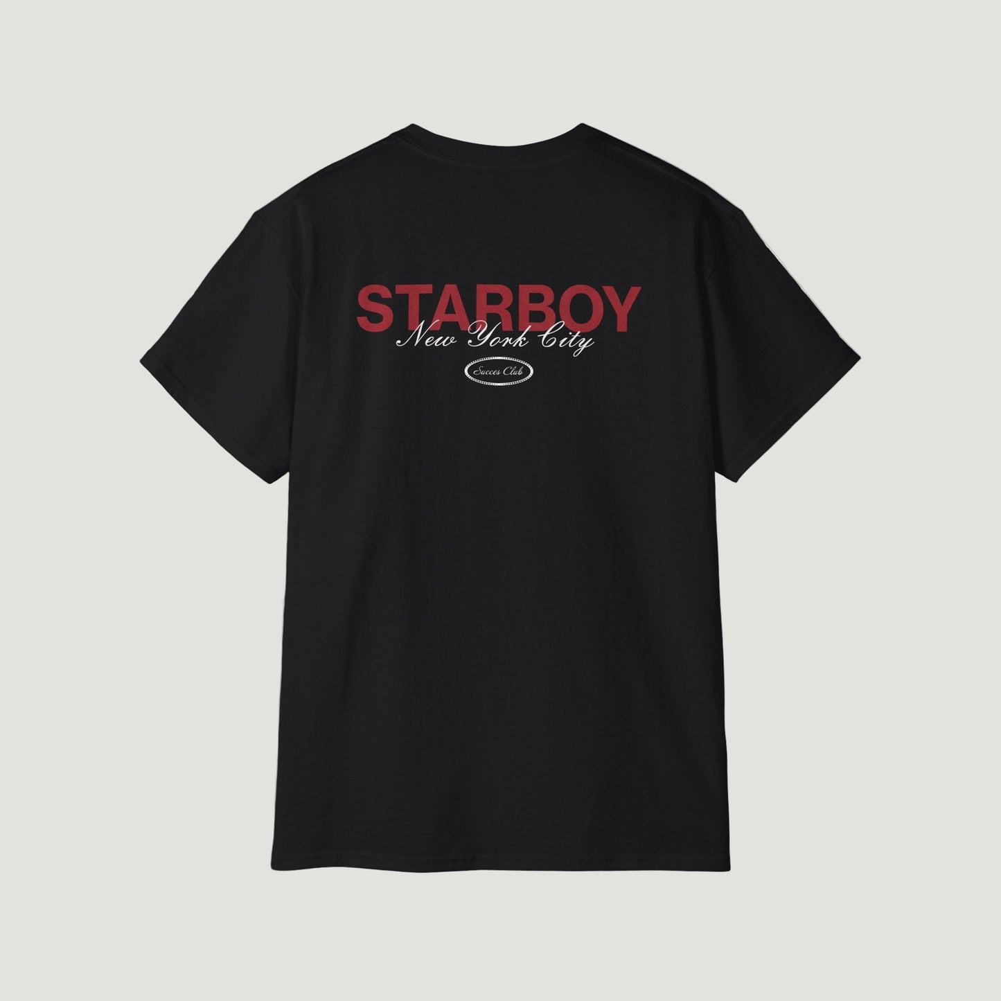 Back view of Deep Black NYC Starboy Classic T-Shirt with bold red "STARBOY New York City" and "Success Club" detailing. Starboy old money shirt tshirt clothes vandox sacrevandox vandox clothes vandox clothing