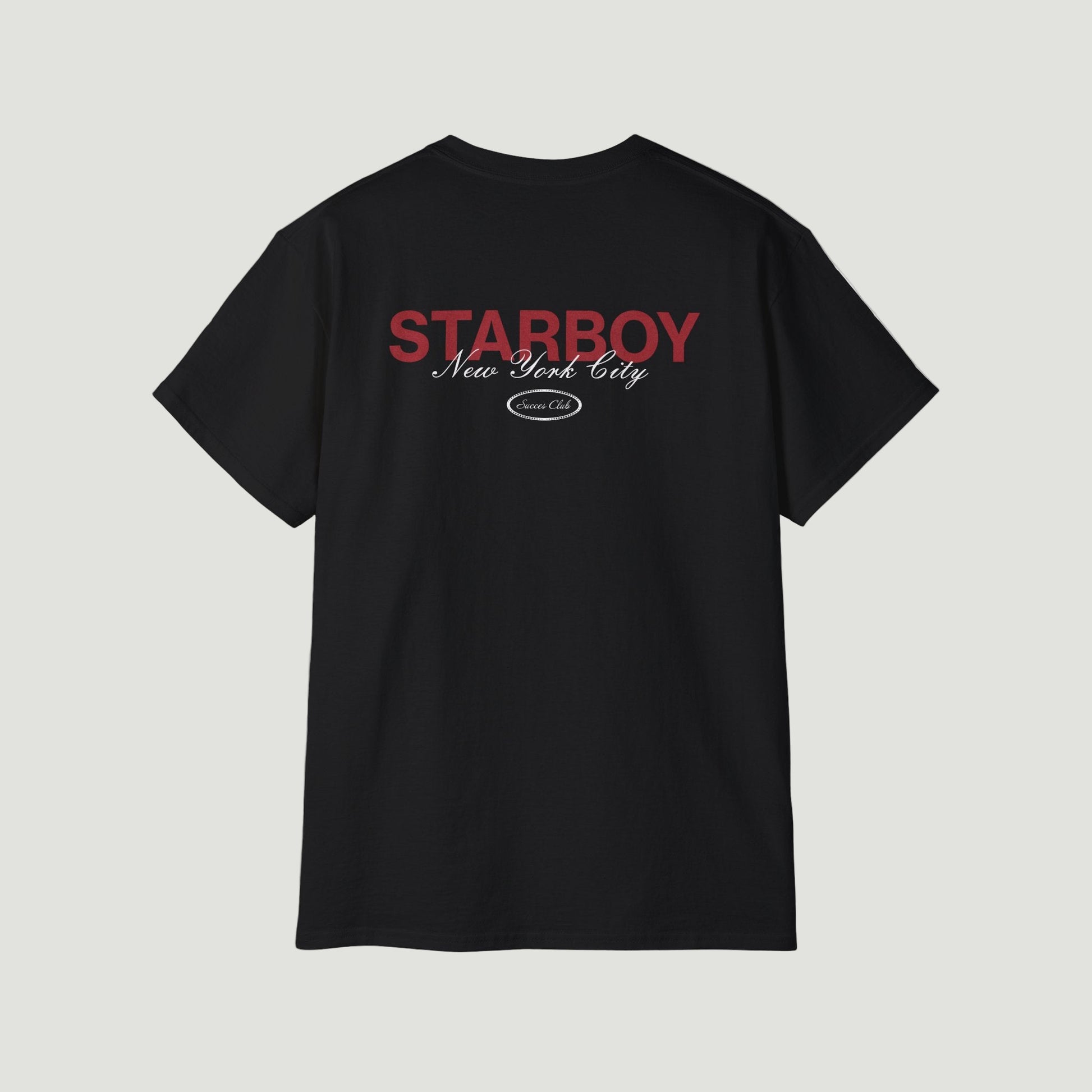 Back view of Deep Black NYC Starboy Classic T-Shirt with bold red "STARBOY New York City" and "Success Club" detailing. Starboy old money shirt tshirt clothes vandox sacrevandox vandox clothes vandox clothing