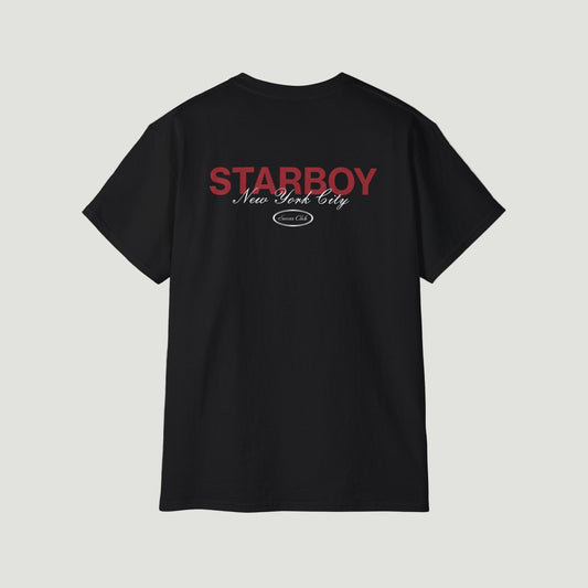 Back view of Deep Black NYC Starboy Classic T-Shirt with bold red "STARBOY New York City" and "Success Club" detailing. Starboy old money shirt tshirt clothes vandox sacrevandox vandox clothes vandox clothing