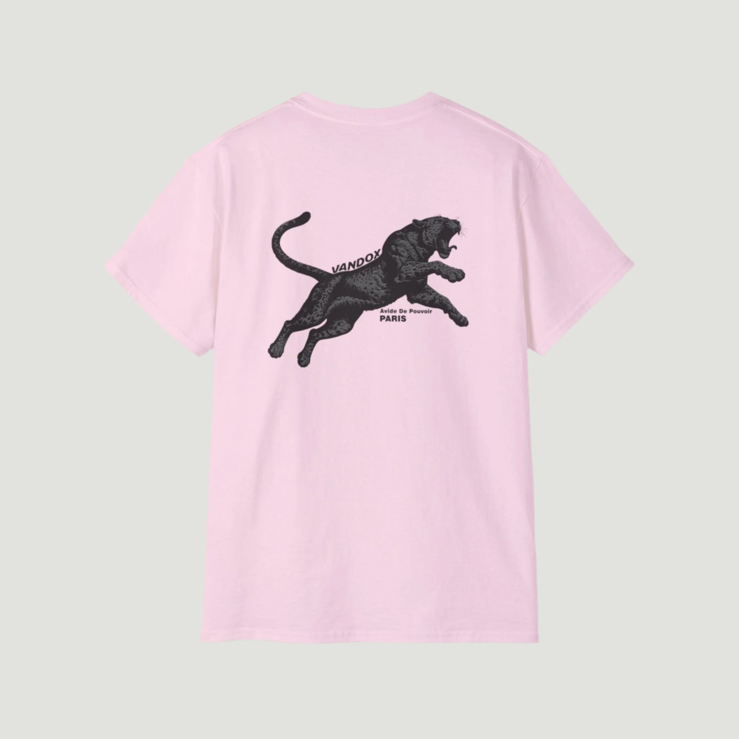 Back view of Light Pink Vandox Noir Pounce T-Shirt with leaping black panther graphic and “Arène de Pouvoir – Paris” inscription. Starboy old money shirt tshirt clothes vandox sacrevandox vandox clothes vandox clothing