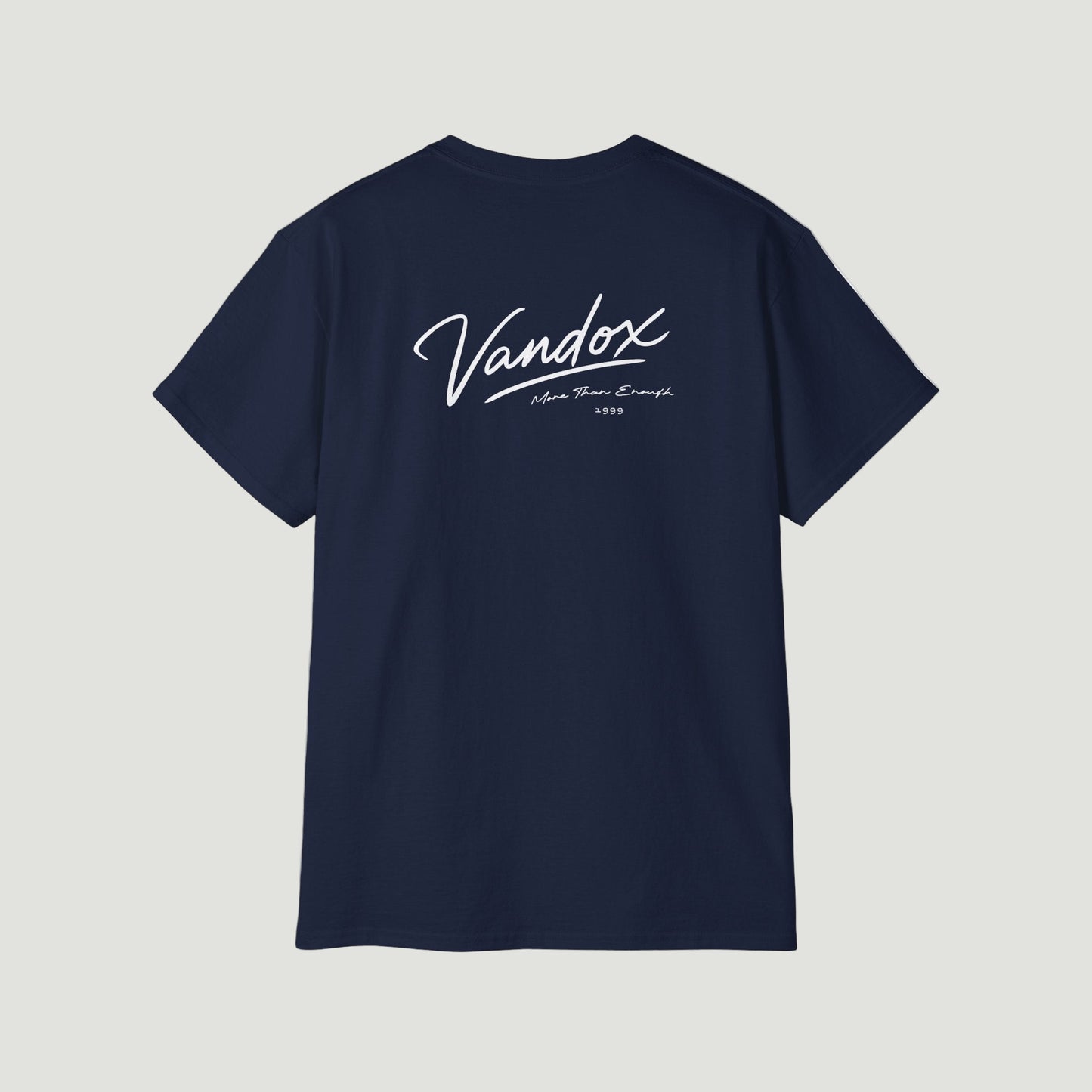 Back view of the Deep Navy Blue Vandox 1999 Classic T-Shirt featuring signature script and “More Than Enough” detail in dark print.   Starboy old money shirt tshirt clothes vandox sacrevandox vandox clothes vandox clothing
