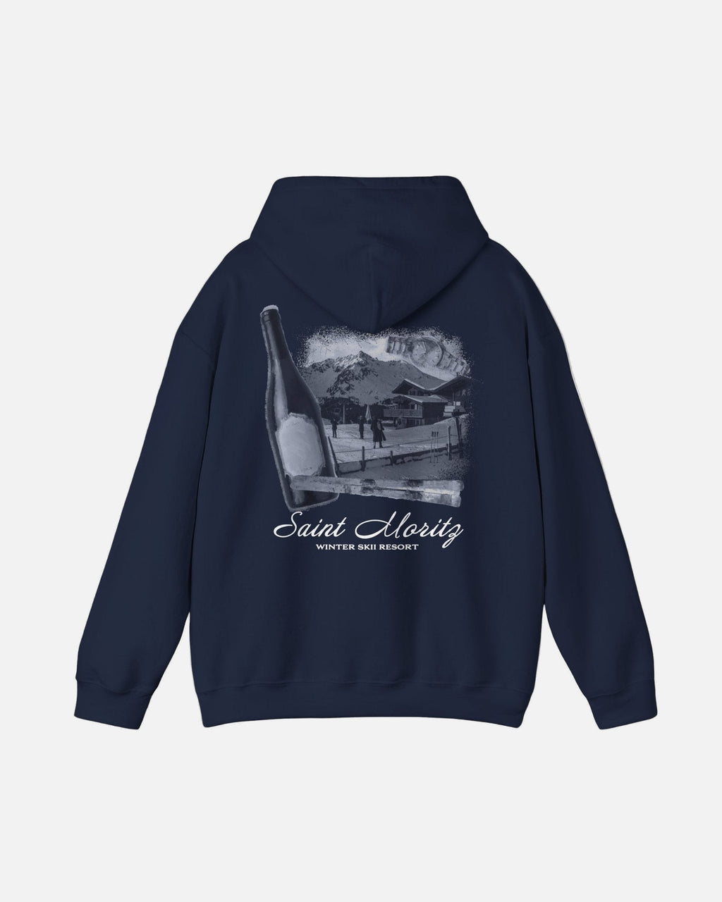 Back view of the Vandox deep dark blue navy Alpine Ski Club Hoodie featuring Saint Moritz winter resort graphic with champagne and cigar elements Starboy old money hoodie sweatshirt clothes vandox sacrevandox vandox clothes vandox clothing
