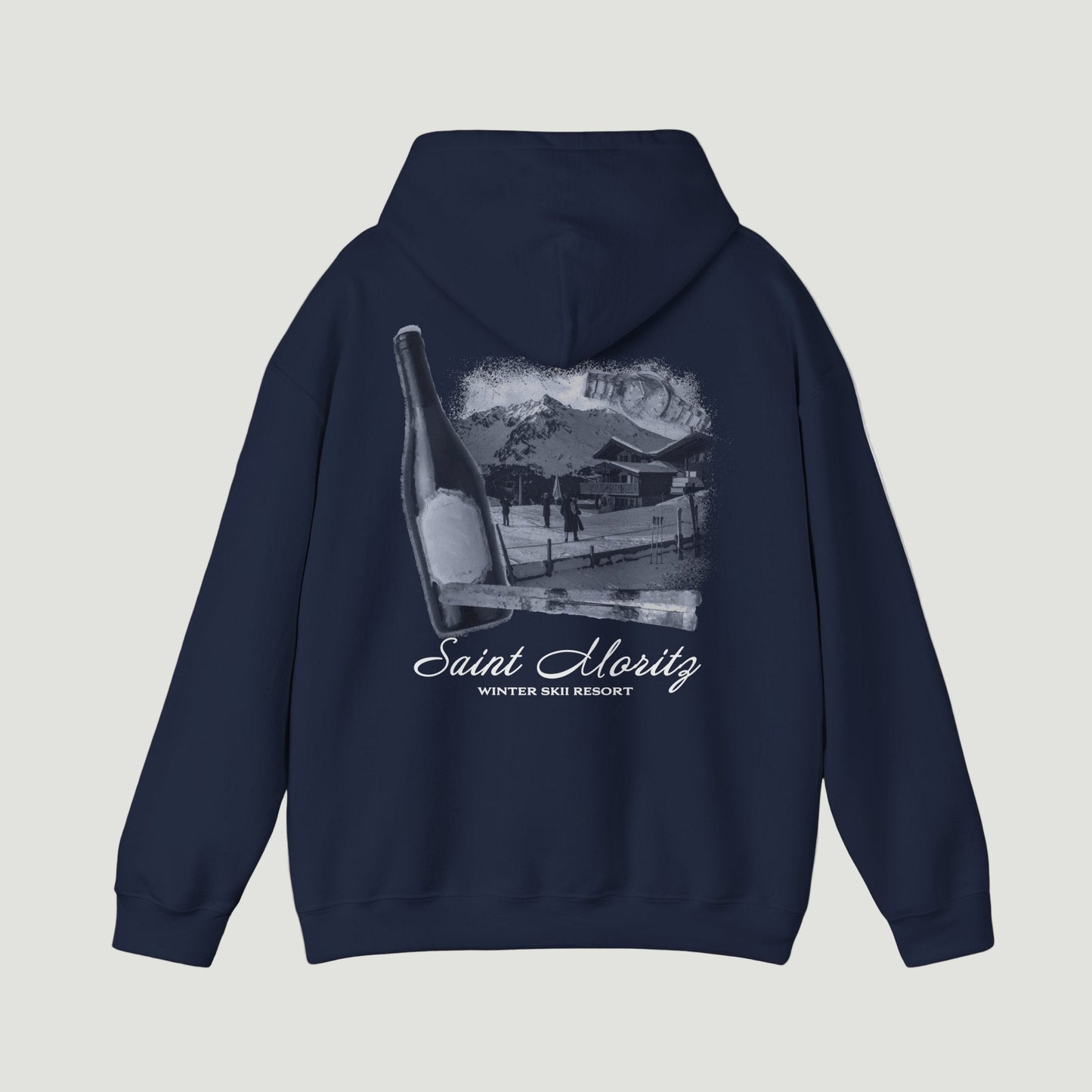 Back view of the Vandox deep dark blue navy Alpine Ski Club Hoodie featuring Saint Moritz winter resort graphic with champagne and cigar elements Starboy old money hoodie sweatshirt clothes vandox sacrevandox vandox clothes vandox clothing