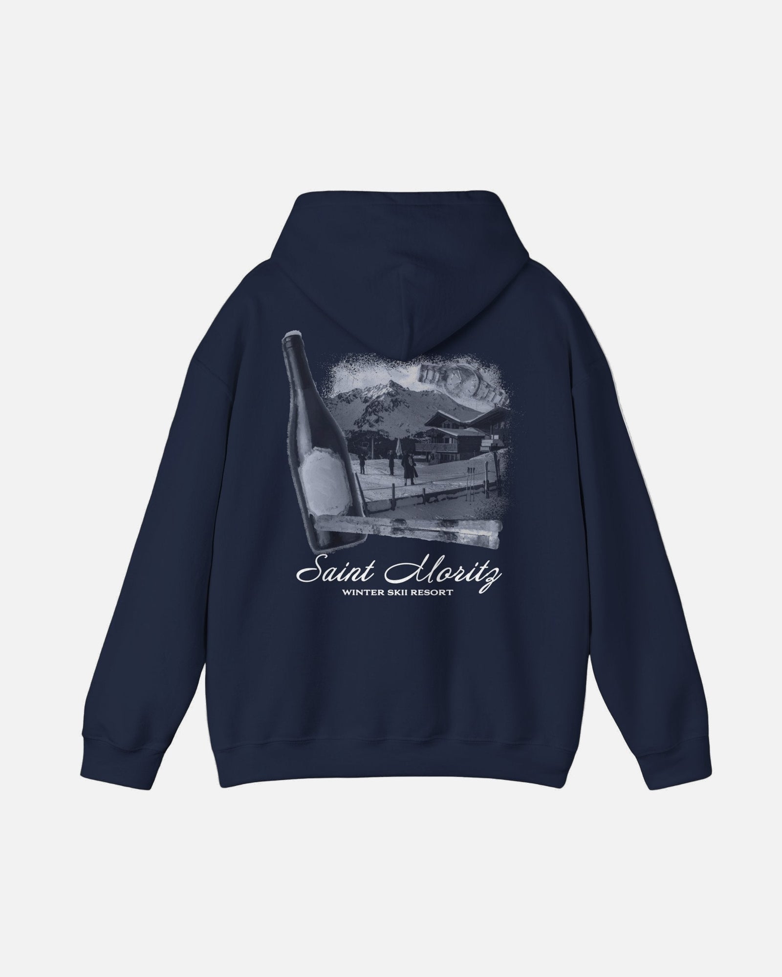 Back view of the Vandox deep dark blue navy Alpine Ski Club Hoodie featuring Saint Moritz winter resort graphic with champagne and cigar elements Starboy old money hoodie sweatshirt clothes vandox sacrevandox vandox clothes vandox clothing