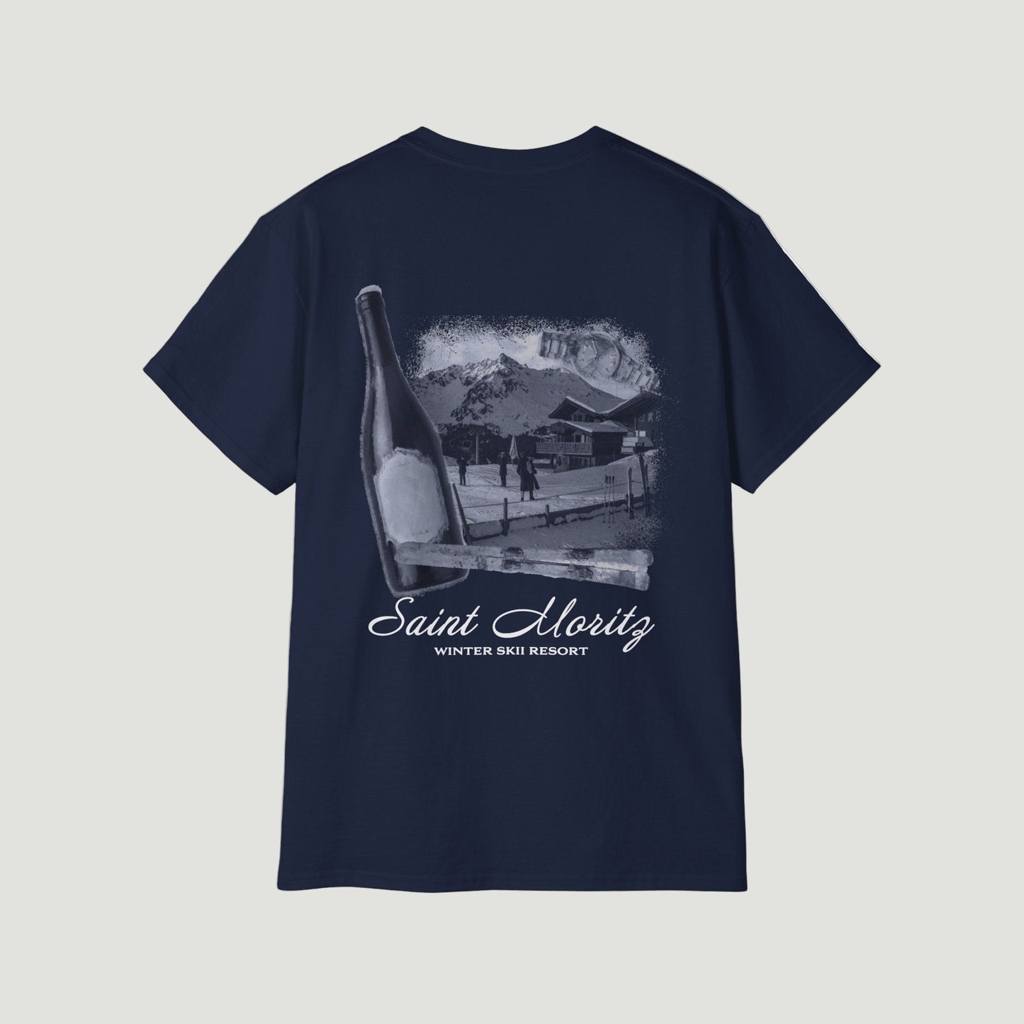 Back view of the deep dark blue navy Vandox Alpine Ski Club T-Shirt featuring Saint Moritz winter resort and champagne bottle graphic. Starboy old money shirt tshirt clothes vandox sacrevandox vandox clothes vandox clothing