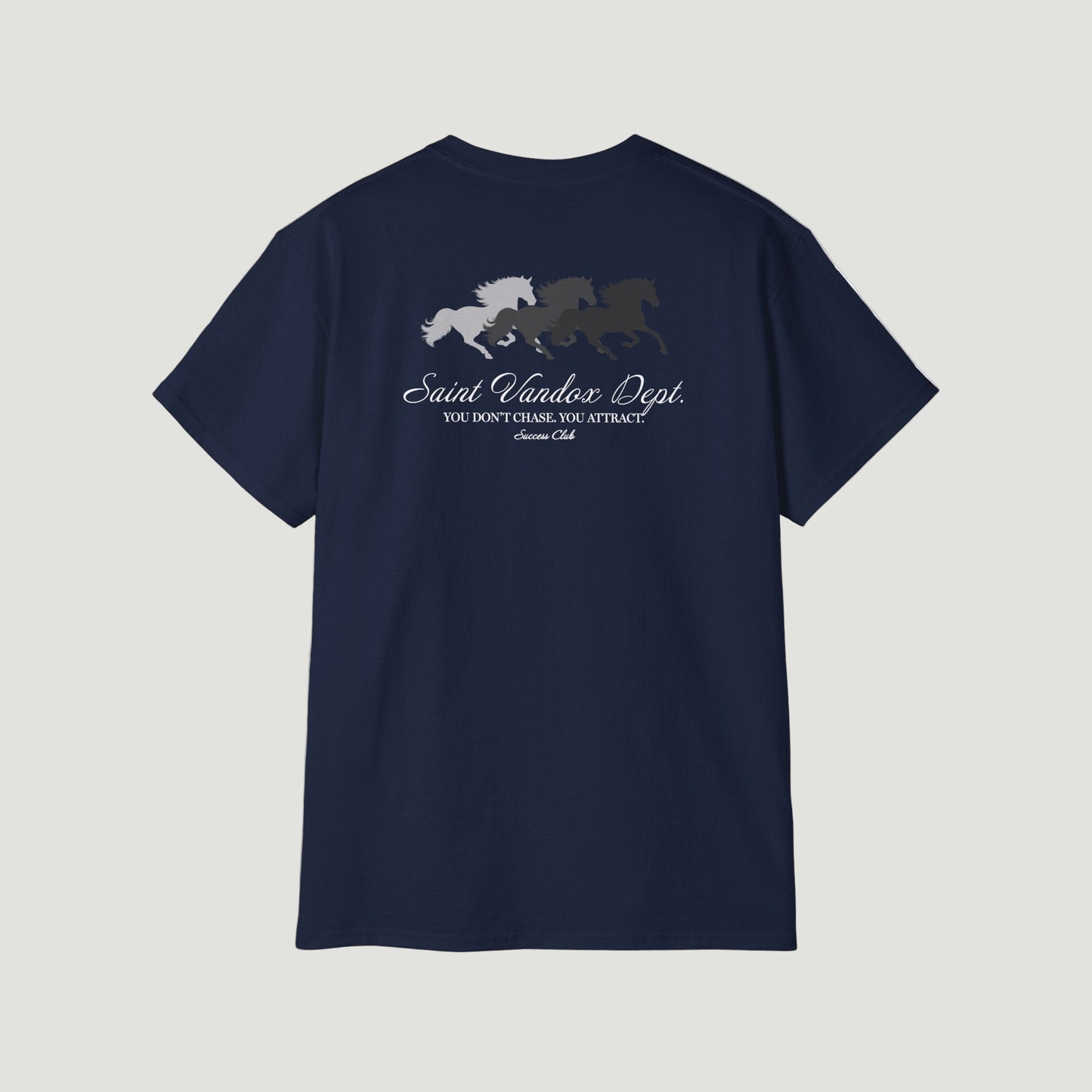 Back view of Deep Navy Blue Vandox Manifest T-Shirt featuring three galloping horses and “You don’t chase. You attract.” quote in elegant script. Starboy old money shirt tshirt clothes vandox sacrevandox vandox clothes vandox clothing