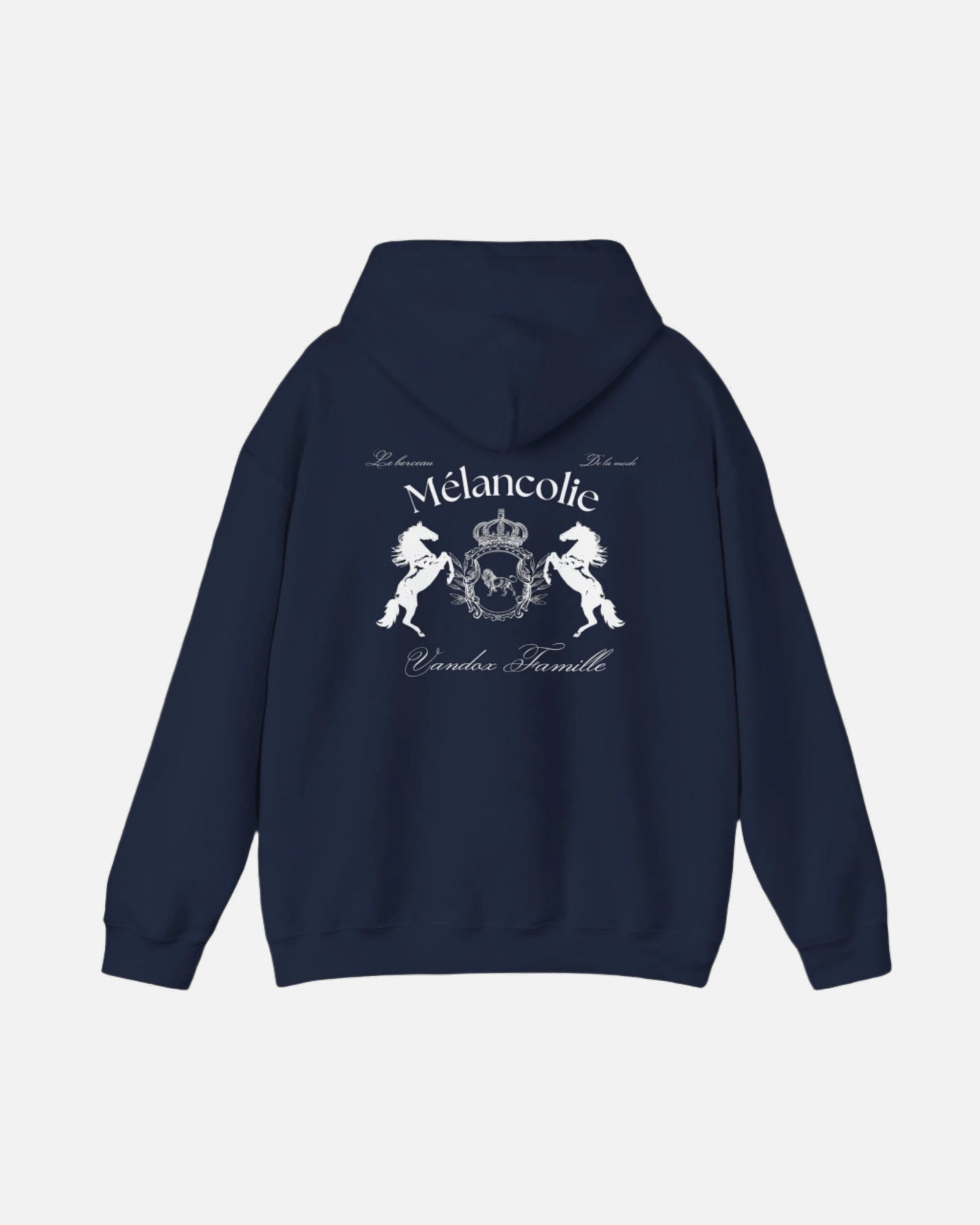 Navy Vandox Hoodie with regal crest, two horses, and "Mélancolie" and "Vandaux Famille" text on the back. Starboy old money hoodie sweatshirt clothes vandox sacrevandox vandox clothes vandox clothing