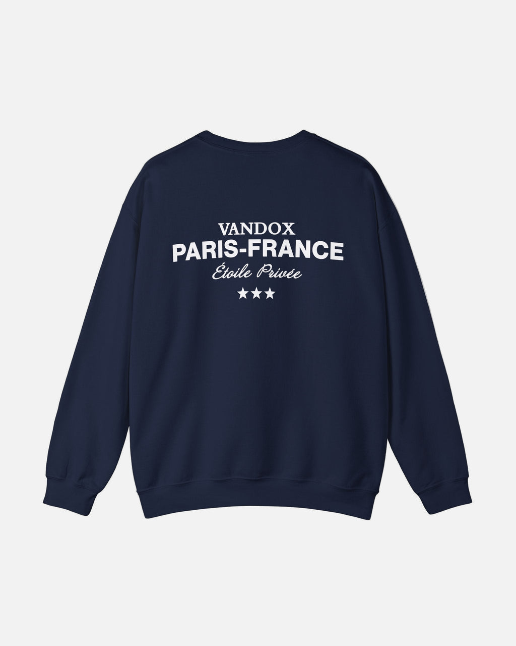 Back view of Vandox deep dark blue navy Paris Heritage Crewneck with “Vandox Paris–France Étoile Privée” text and star detail. Starboy old money hoodie sweatshirt clothes vandox sacrevandox vandox clothes vandox clothing