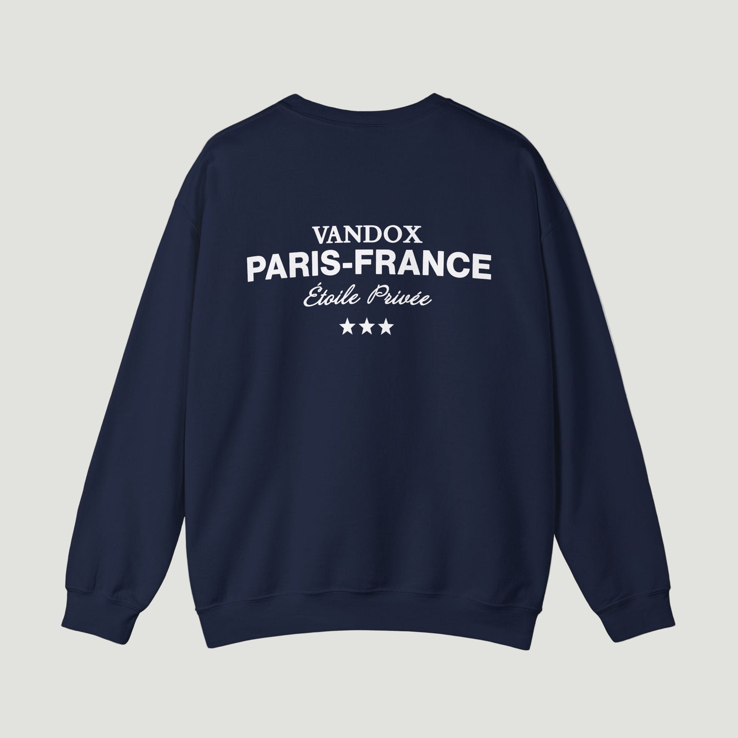 Back view of Vandox deep dark blue navy Paris Heritage Crewneck with “Vandox Paris–France Étoile Privée” text and star detail. Starboy old money hoodie sweatshirt clothes vandox sacrevandox vandox clothes vandox clothing
