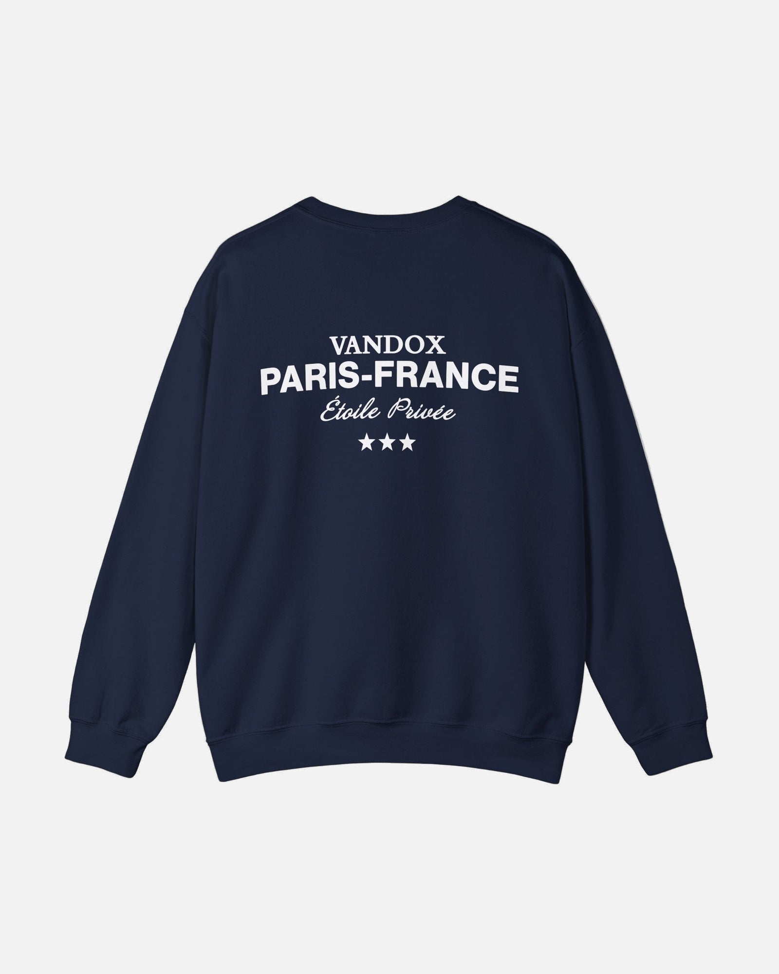 Back view of Vandox deep dark blue navy Paris Heritage Crewneck with “Vandox Paris–France Étoile Privée” text and star detail. Starboy old money hoodie sweatshirt clothes vandox sacrevandox vandox clothes vandox clothing
