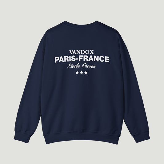 Back view of Vandox deep dark blue navy Paris Heritage Crewneck with “Vandox Paris–France Étoile Privée” text and star detail. Starboy old money hoodie sweatshirt clothes vandox sacrevandox vandox clothes vandox clothing