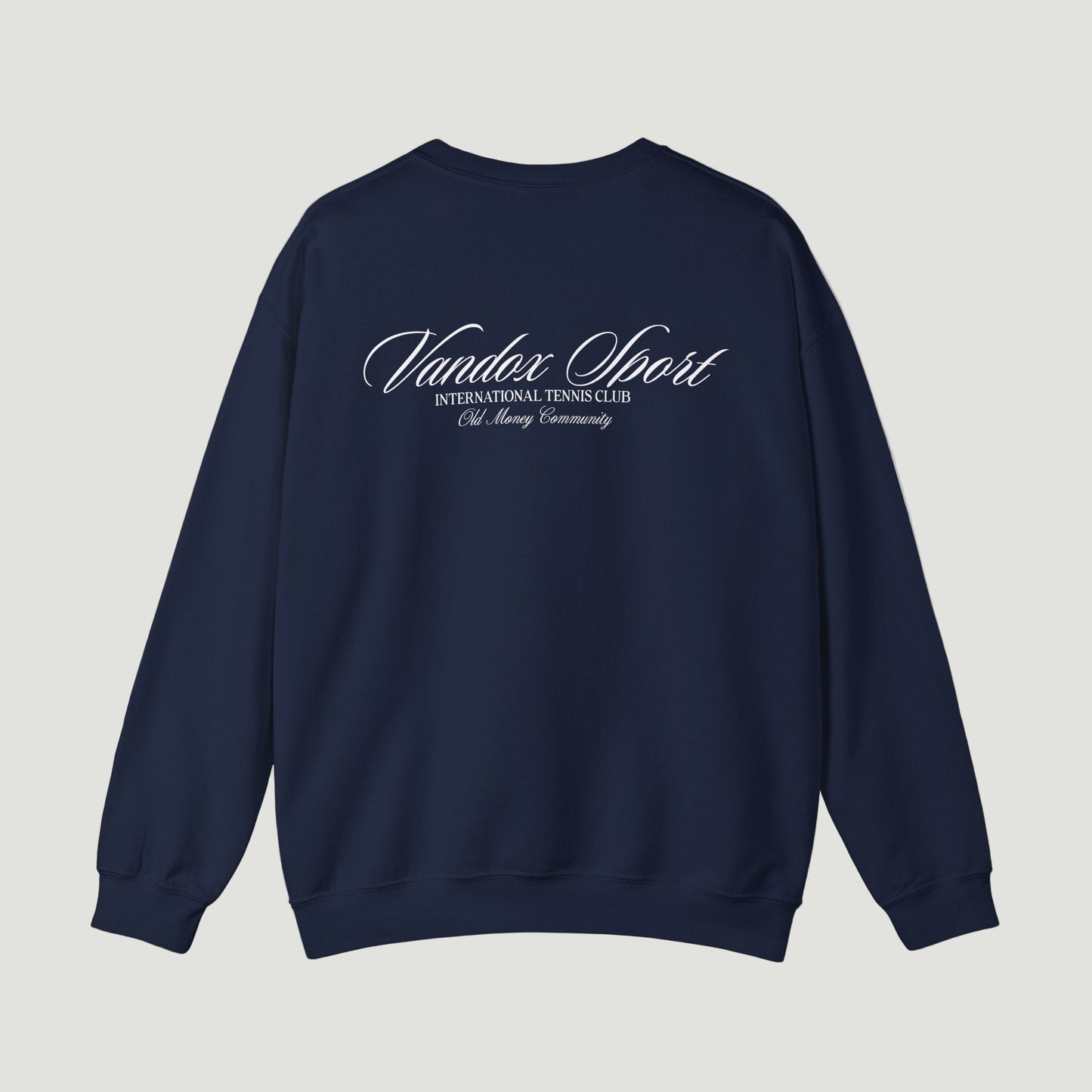 Back view of deep dark blue navy Vandox Sport Crewneck by Vandox with “International Tennis Club” script detailing. Starboy old money hoodie sweatshirt clothes vandox sacrevandox vandox clothes vandox clothing
