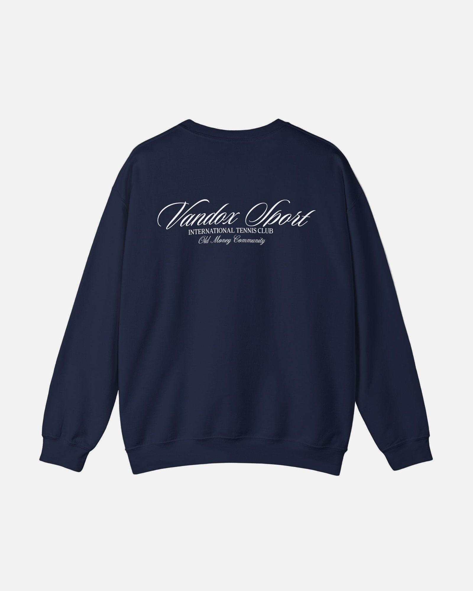 Back view of deep dark blue navy Vandox Sport Crewneck by Vandox with “International Tennis Club” script detailing. Starboy old money hoodie sweatshirt clothes vandox sacrevandox vandox clothes vandox clothing