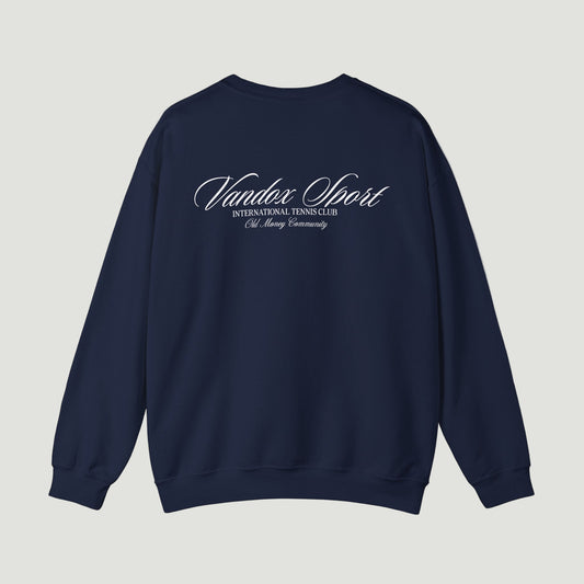 Back view of deep dark blue navy Vandox Sport Crewneck by Vandox with “International Tennis Club” script detailing. Starboy old money hoodie sweatshirt clothes vandox sacrevandox vandox clothes vandox clothing