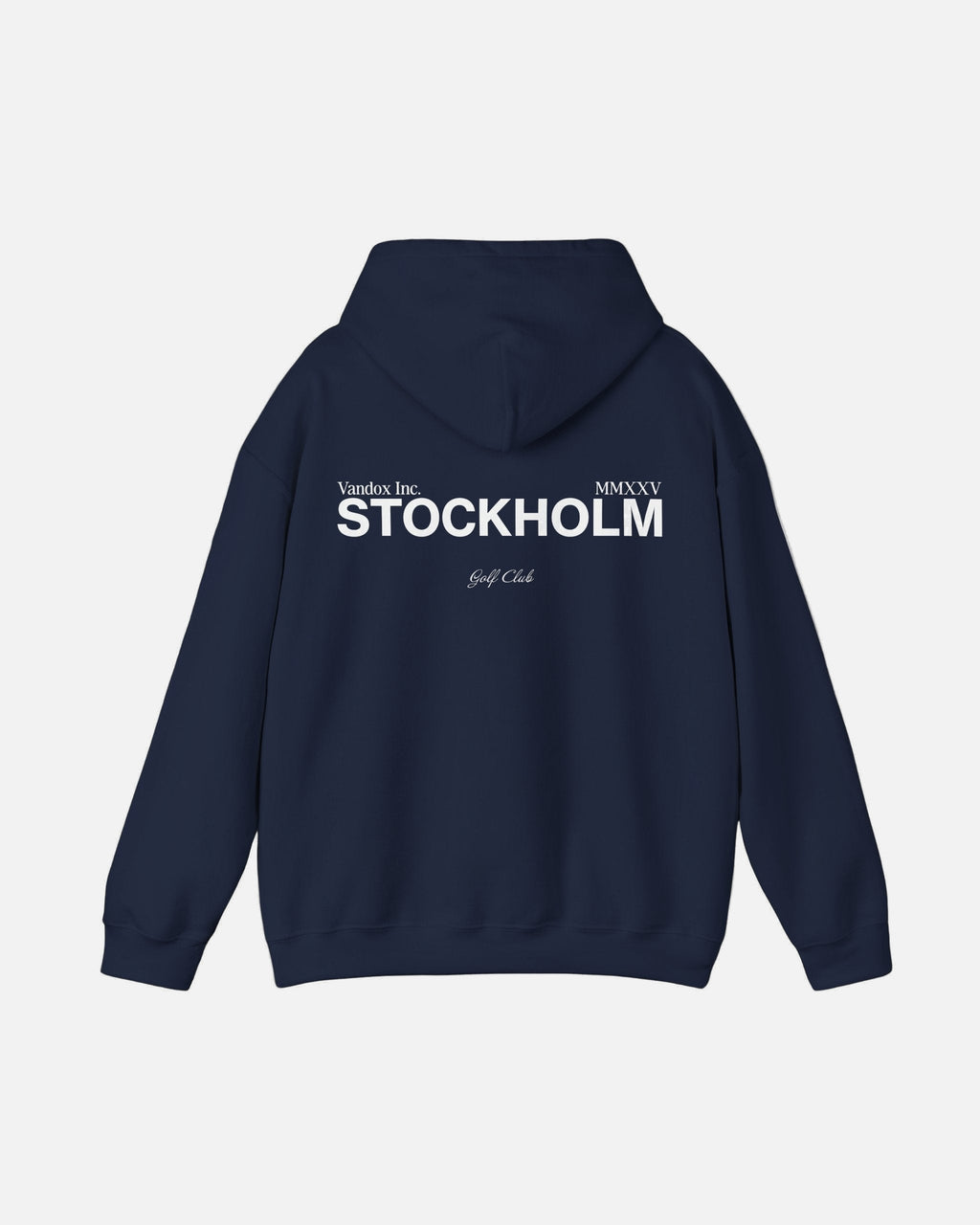 Back view of the Deep Navy Blue Vandox Stockholm Hoodie featuring minimal “Vandox Inc.” and bold “STOCKHOLM” lettering with Golf Club detail. Starboy old money hoodie sweatshirt clothes vandox sacrevandox vandox clothes vandox clothing