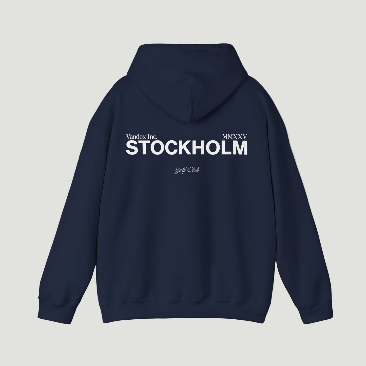 Back view of the Deep Navy Blue Vandox Stockholm Hoodie featuring minimal “Vandox Inc.” and bold “STOCKHOLM” lettering with Golf Club detail. Starboy old money hoodie sweatshirt clothes vandox sacrevandox vandox clothes vandox clothing