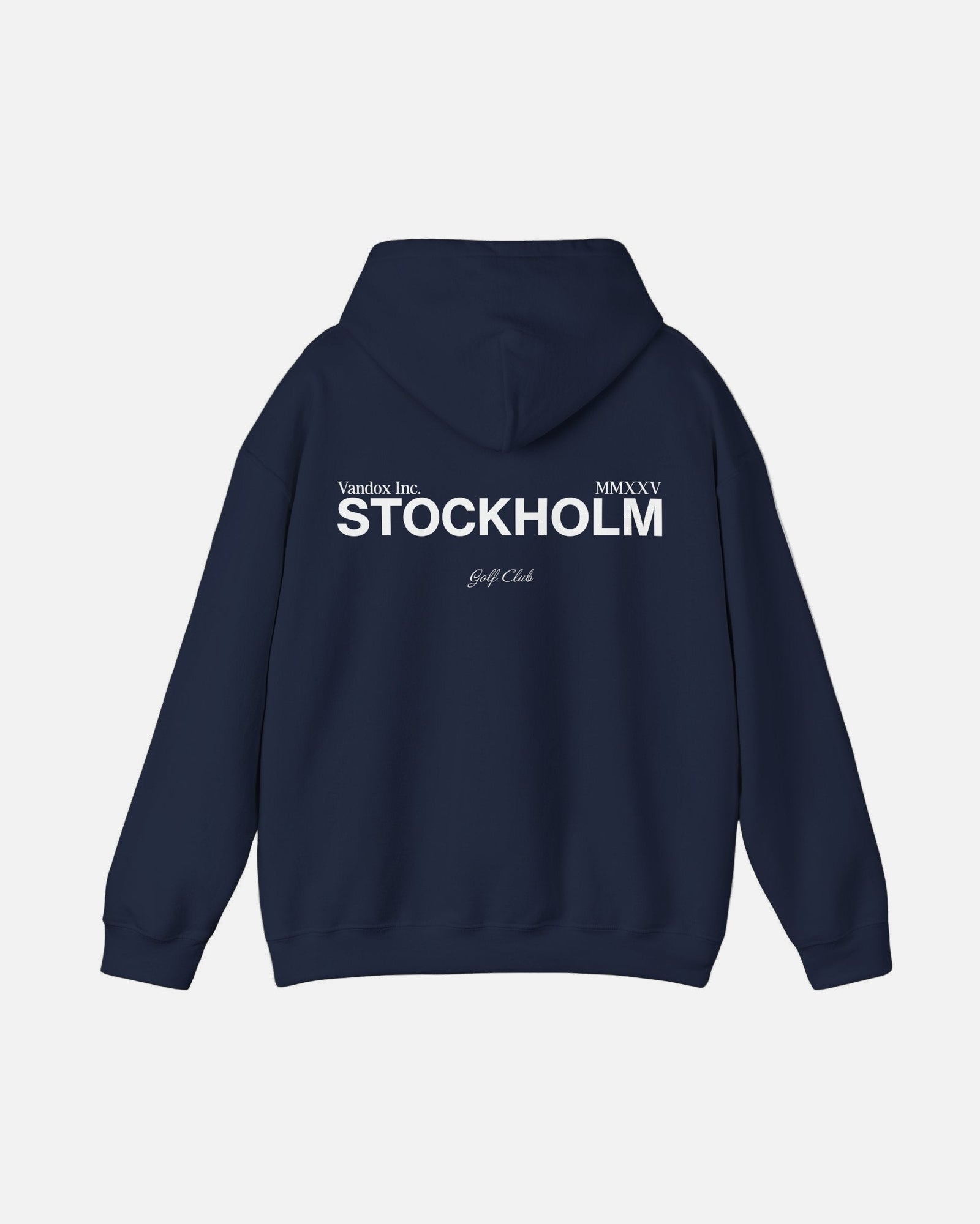 Back view of the Deep Navy Blue Vandox Stockholm Hoodie featuring minimal “Vandox Inc.” and bold “STOCKHOLM” lettering with Golf Club detail. Starboy old money hoodie sweatshirt clothes vandox sacrevandox vandox clothes vandox clothing