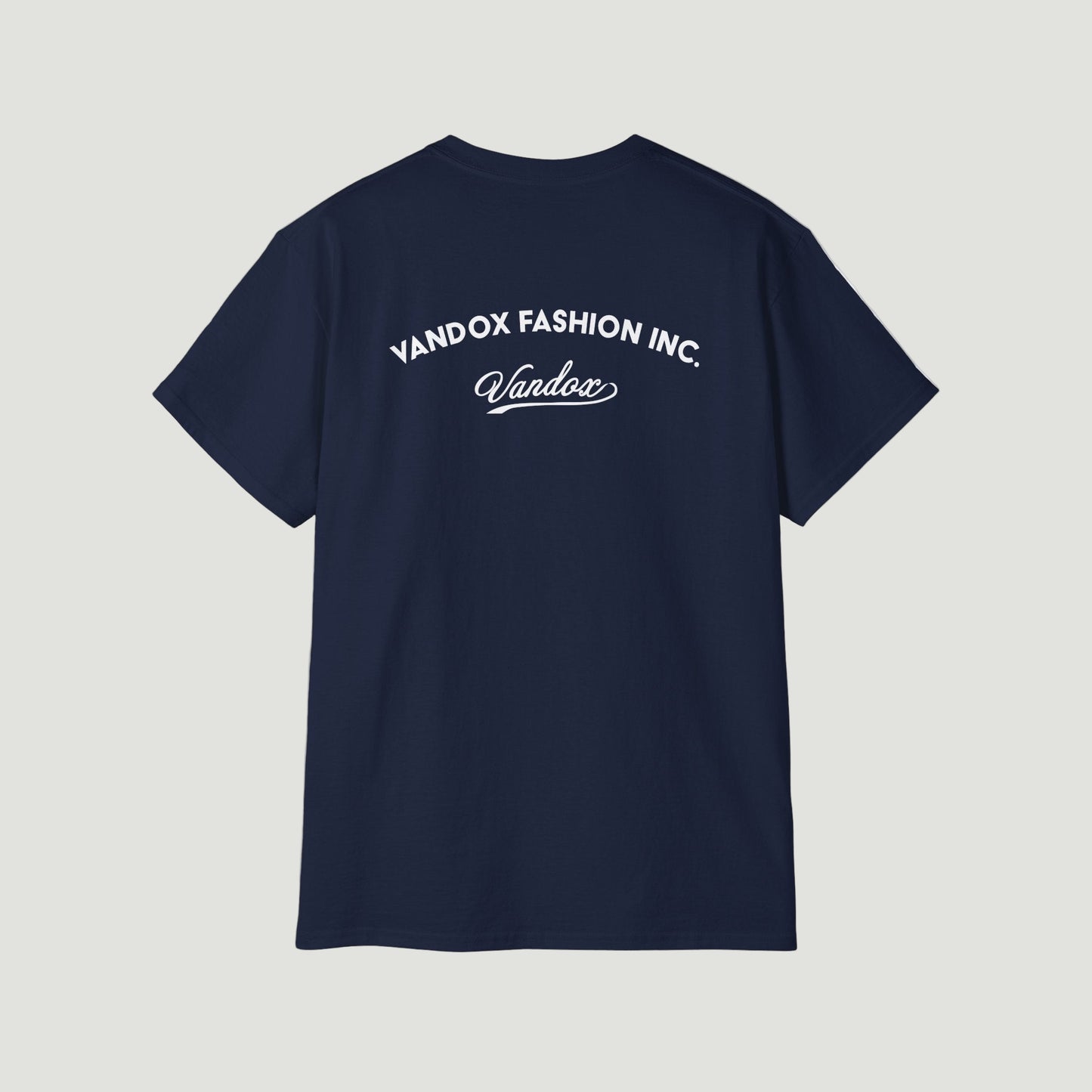 Back view of Deep Navy Blue Vandox Studio 99 T-Shirt featuring bold “Vandox Fashion Inc.” logo and signature script detail. Starboy old money shirt tshirt clothes vandox sacrevandox vandox clothes vandox clothing