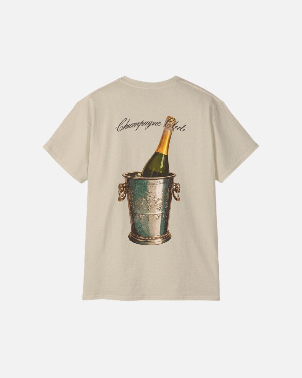 Back view of the sand cream beige Bubbly Society T-Shirt by Vandox with champagne bucket graphic and “Champagne Club” script. Starboy old money shirt tshirt clothes vandox sacrevandox vandox clothes vandox clothing