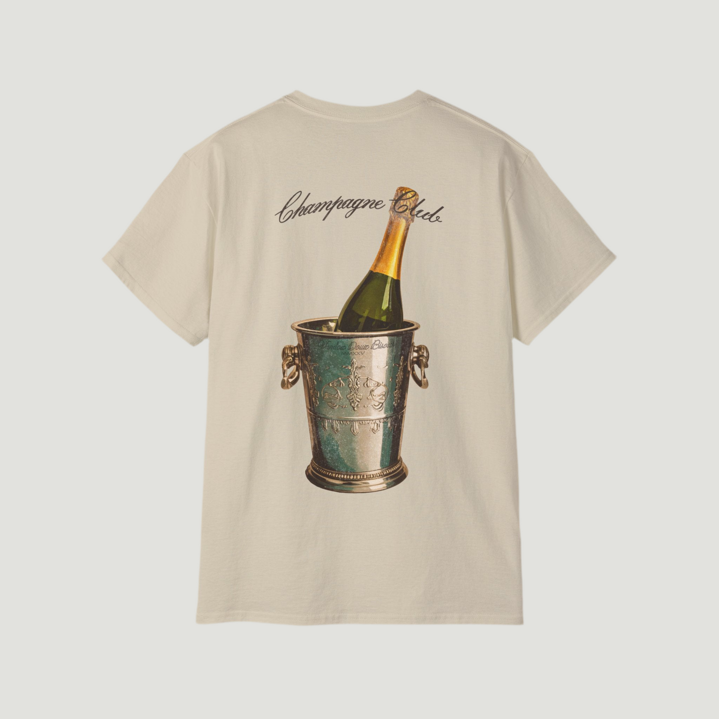 Back view of the sand cream beige Bubbly Society T-Shirt by Vandox with champagne bucket graphic and “Champagne Club” script. Starboy old money shirt tshirt clothes vandox sacrevandox vandox clothes vandox clothing