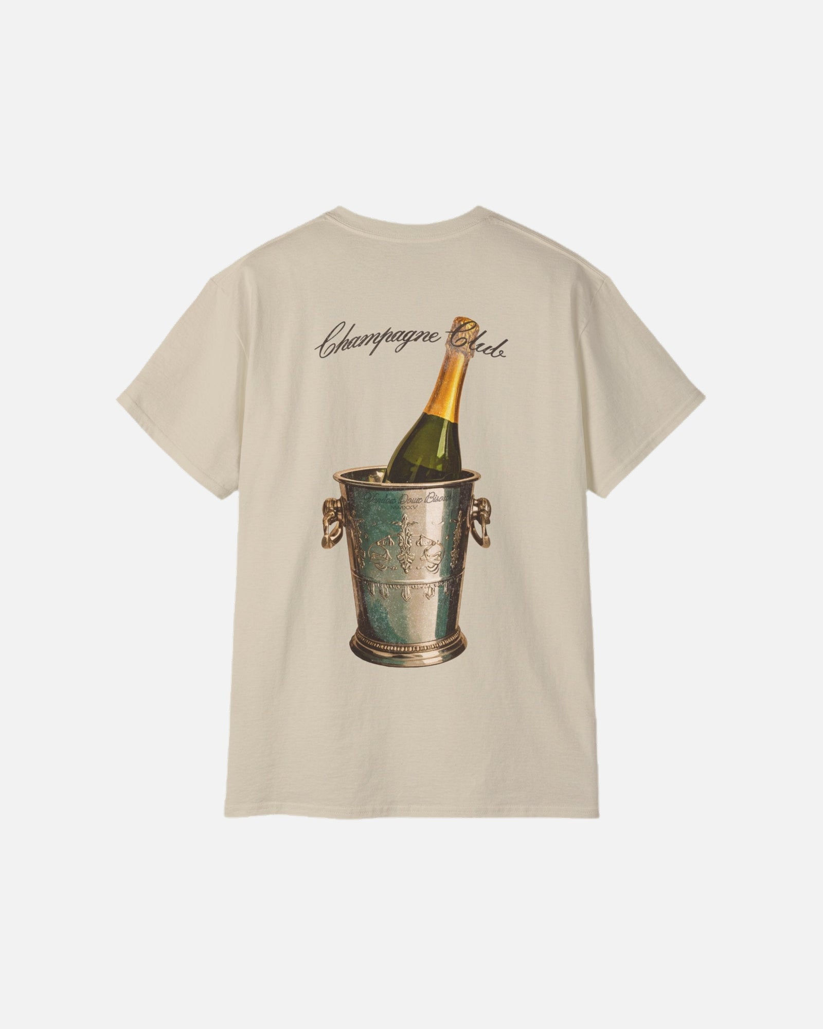 Back view of the sand cream beige Bubbly Society T-Shirt by Vandox with champagne bucket graphic and “Champagne Club” script. Starboy old money shirt tshirt clothes vandox sacrevandox vandox clothes vandox clothing