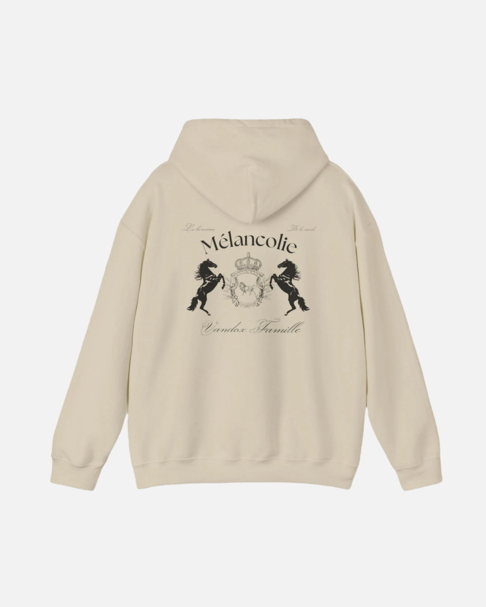 Cream Sand Vandox Hoodie with regal crest, two horses, and "Mélancolie" and "Vandaux Famille" text on the back. Starboy old money hoodie sweatshirt clothes vandox sacrevandox vandox clothes vandox clothing