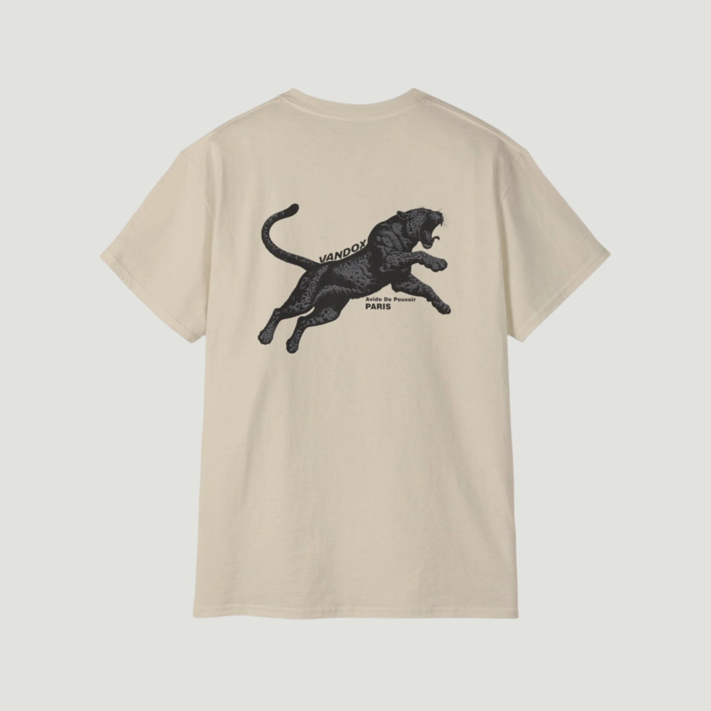 Back view of Sand Cream Beige Khaki Vandox Noir Pounce T-Shirt with leaping black panther graphic and “Arène de Pouvoir – Paris” inscription. Starboy old money shirt tshirt clothes vandox sacrevandox vandox clothes vandox clothing