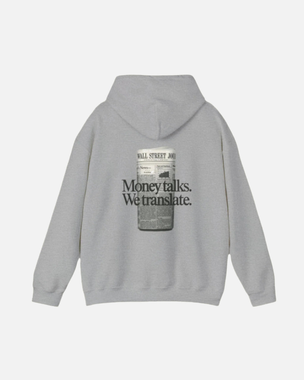 Sport Grey Vandox Hoodie with "Money Talks We Translate" text and a newspaper graphic on the back. Starboy old money hoodie sweatshirt clothes vandox sacrevandox vandox clothes vandox clothing