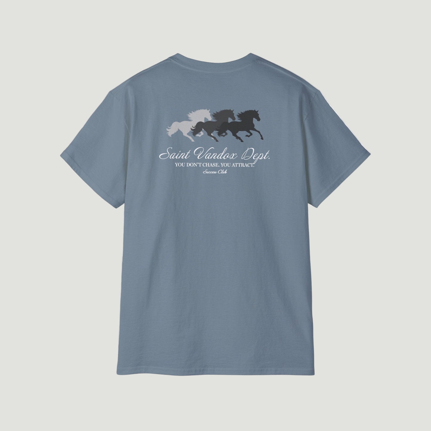 Back view of Stone Blue Vandox Manifest T-Shirt featuring three galloping horses and “You don’t chase. You attract.” quote in elegant script. Starboy old money shirt tshirt clothes vandox sacrevandox vandox clothes vandox clothing