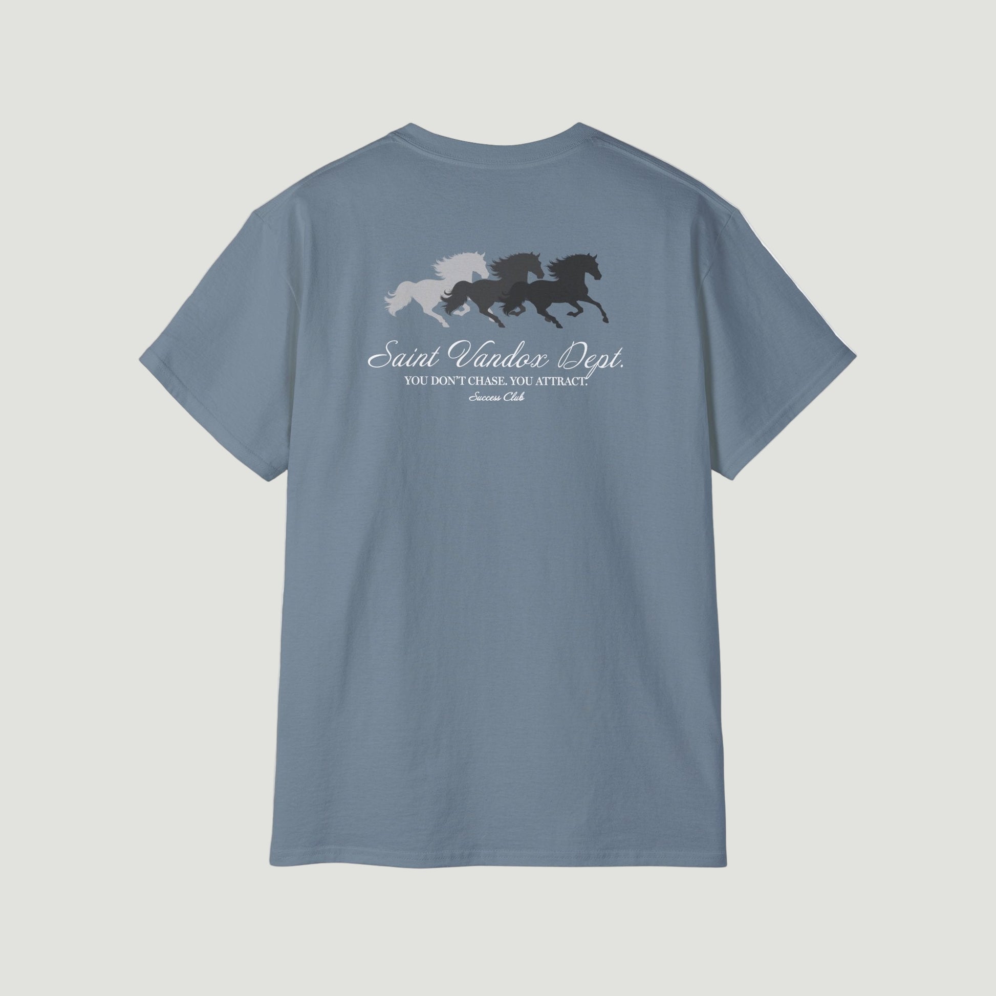Back view of Stone Blue Vandox Manifest T-Shirt featuring three galloping horses and “You don’t chase. You attract.” quote in elegant script. Starboy old money shirt tshirt clothes vandox sacrevandox vandox clothes vandox clothing